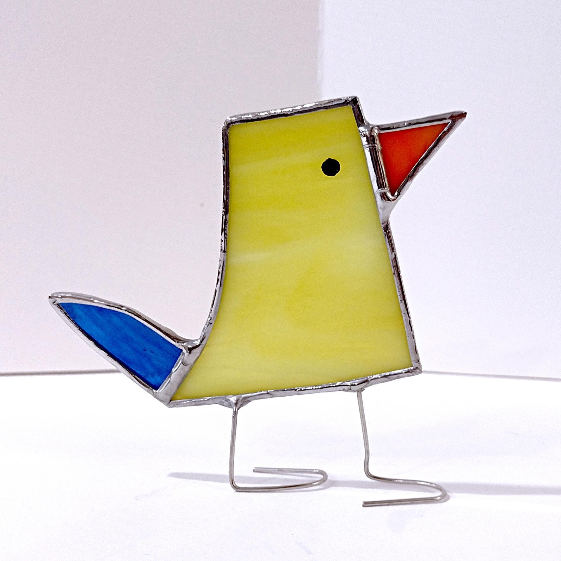Stained Glass Standing Bird, Funky Yellow and Blue Glass Bird Suncatcher, Bird Lover Gift, Windowsill Sitter