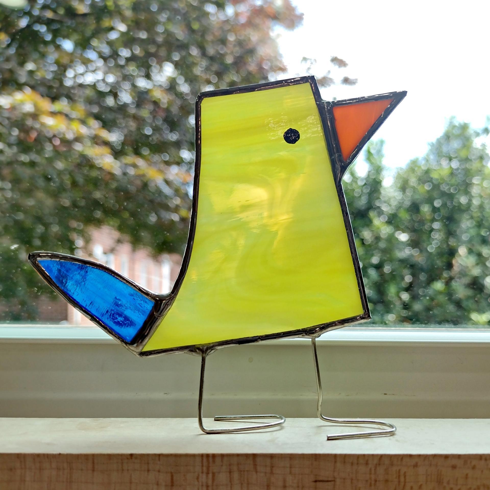 Stained Glass Standing Bird, Funky Yellow and Blue Glass Bird Suncatcher, Bird Lover Gift, Windowsill Sitter