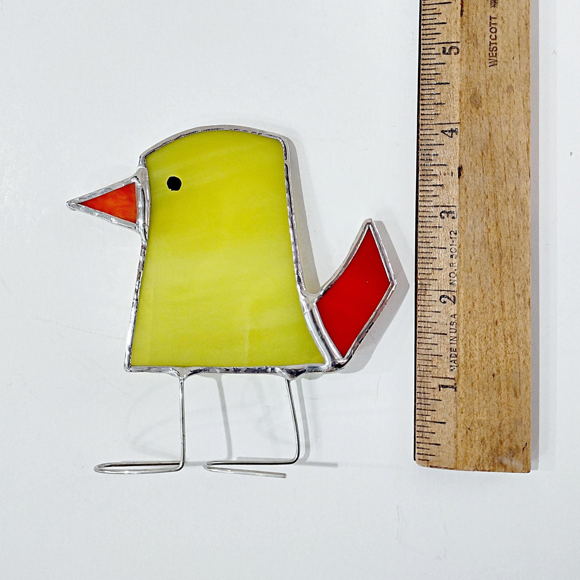 Stained Glass Standing Bird, Funky Yellow and Red Glass Bird Suncatcher, Bird Lover Gift, Windowsill Sitter