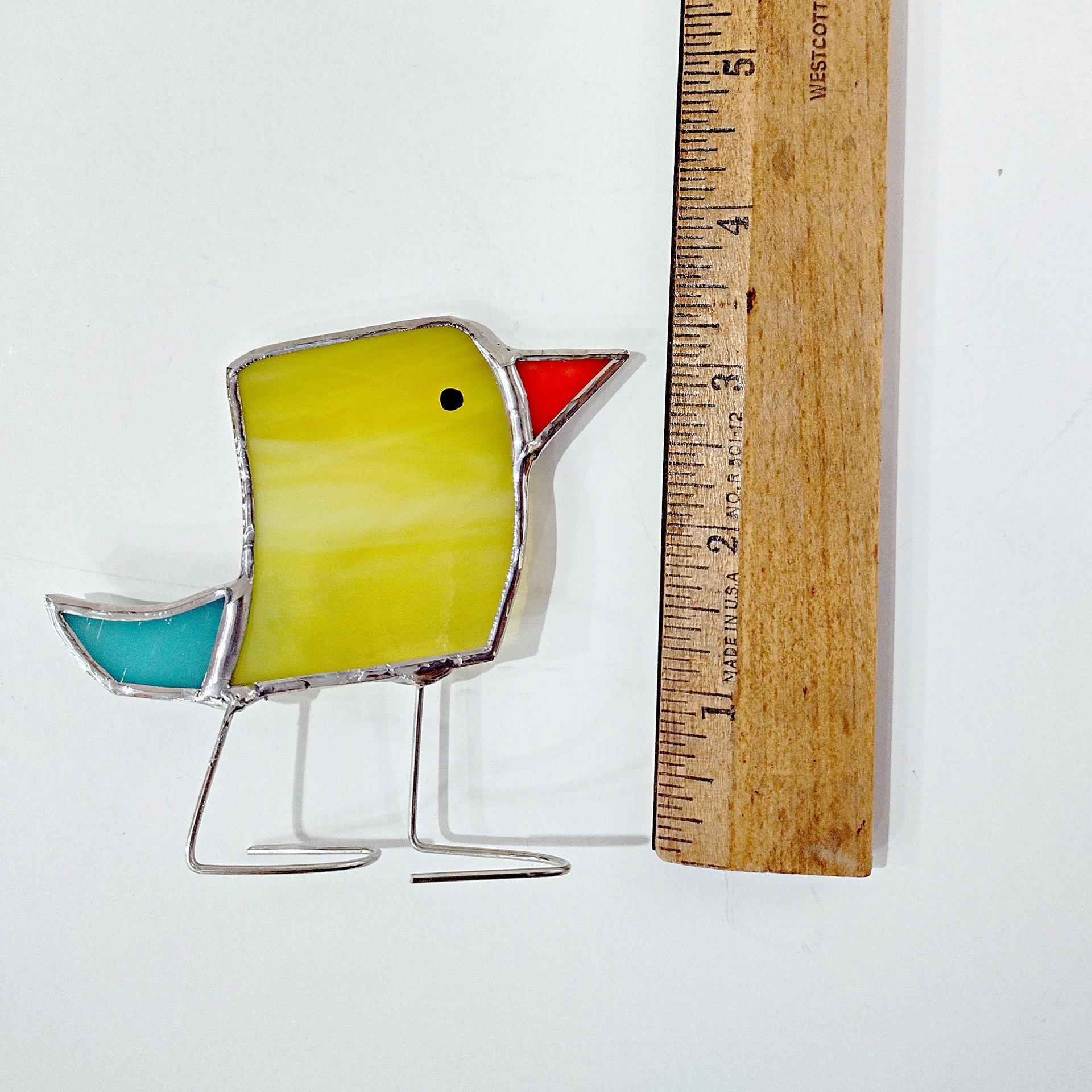 Stained Glass Standing Bird, Funky Yellow and Blue Glass Bird Suncatcher, Bird Lover Gift, Windowsill Sitter