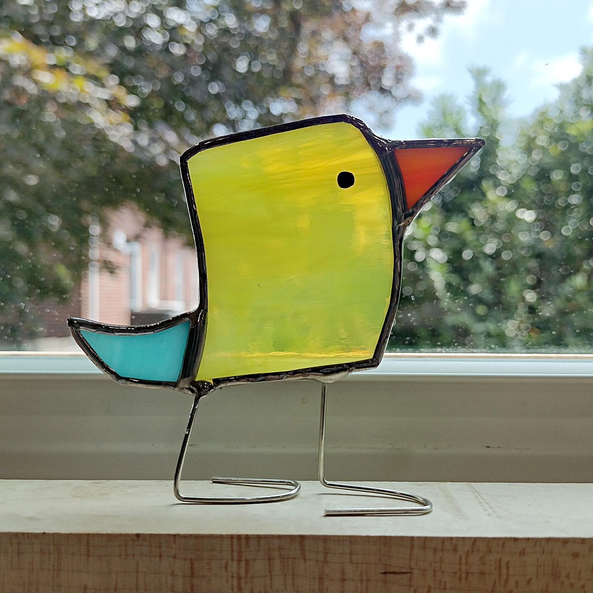 Stained Glass Standing Bird, Funky Yellow and Blue Glass Bird Suncatcher, Bird Lover Gift, Windowsill Sitter
