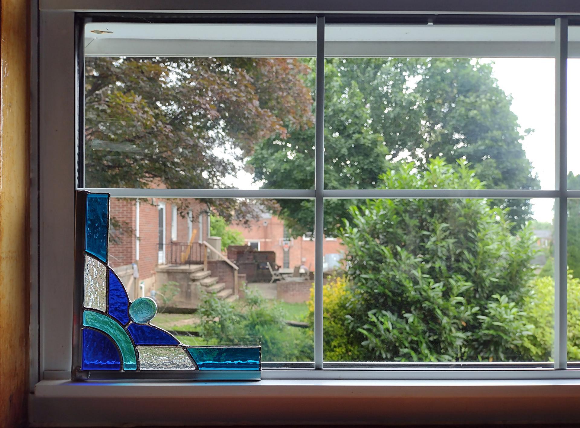 Stained Glass Corner Piece, Blue and Clear Cathedral Glass