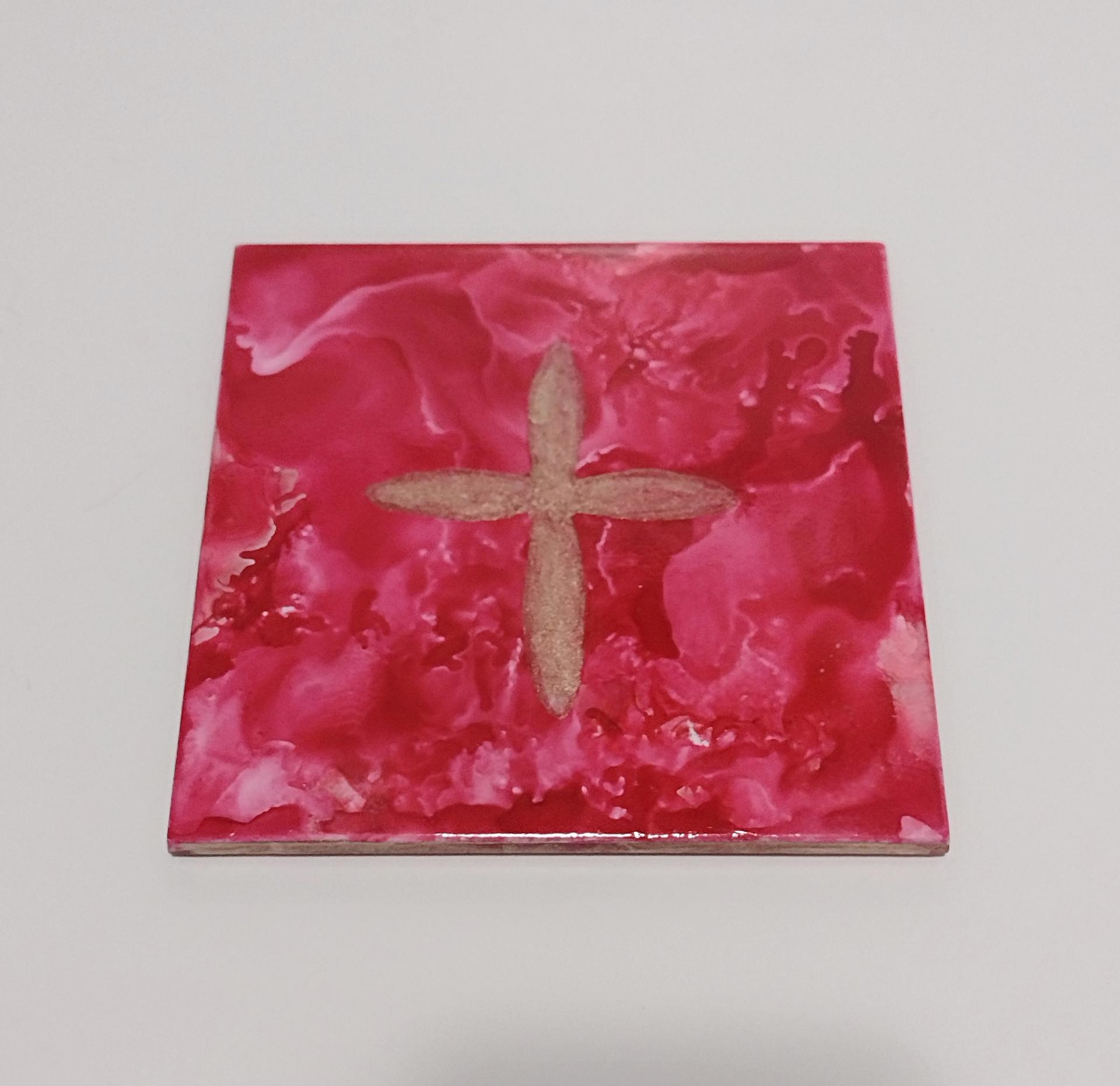 Alcohol Ink Ceramic Tile Trivet, 6" x 6", Red with Gold Metallic Cross