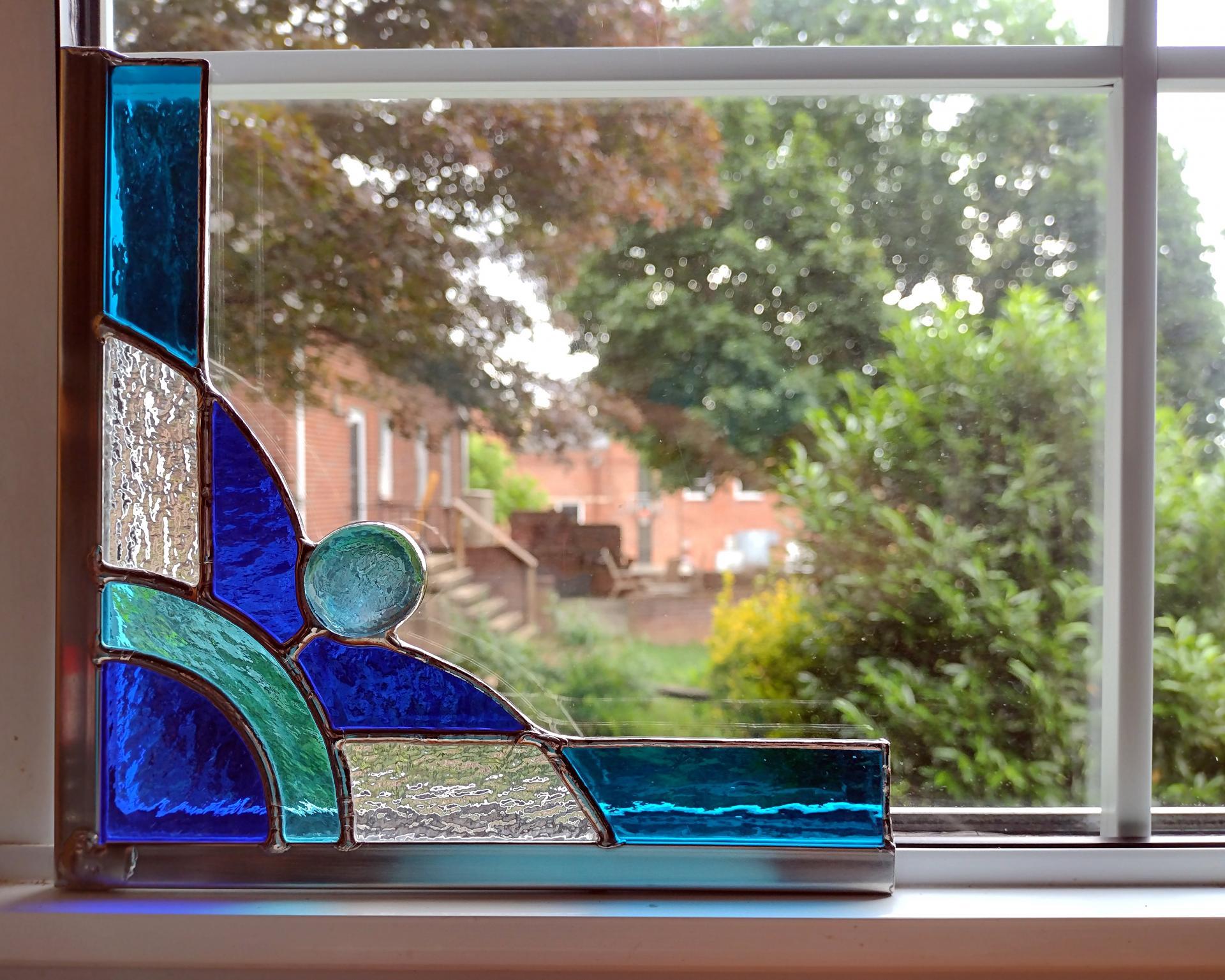 Stained Glass Corner Piece, Blue and Clear Cathedral Glass