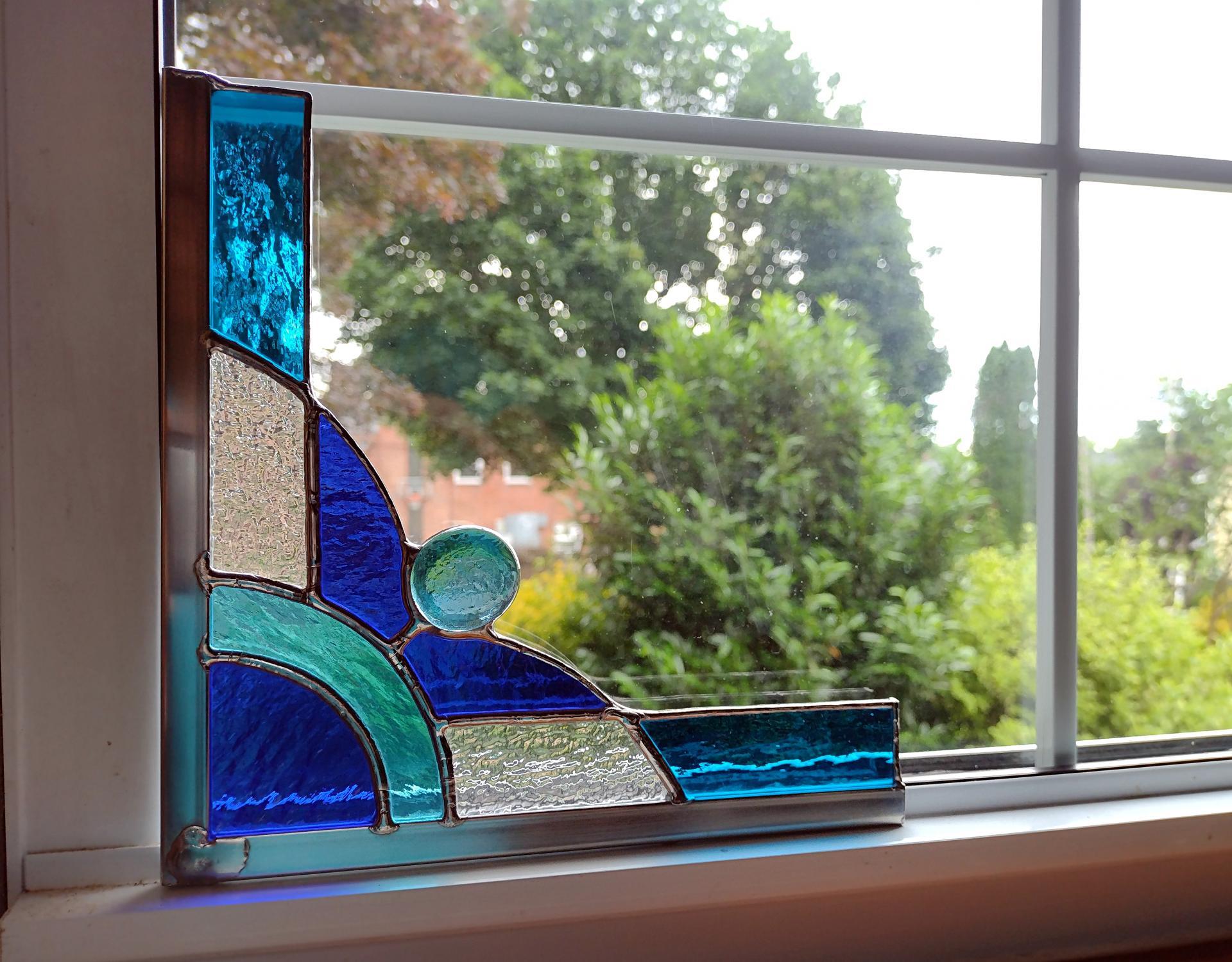 Stained Glass Corner Piece, Blue and Clear Cathedral Glass