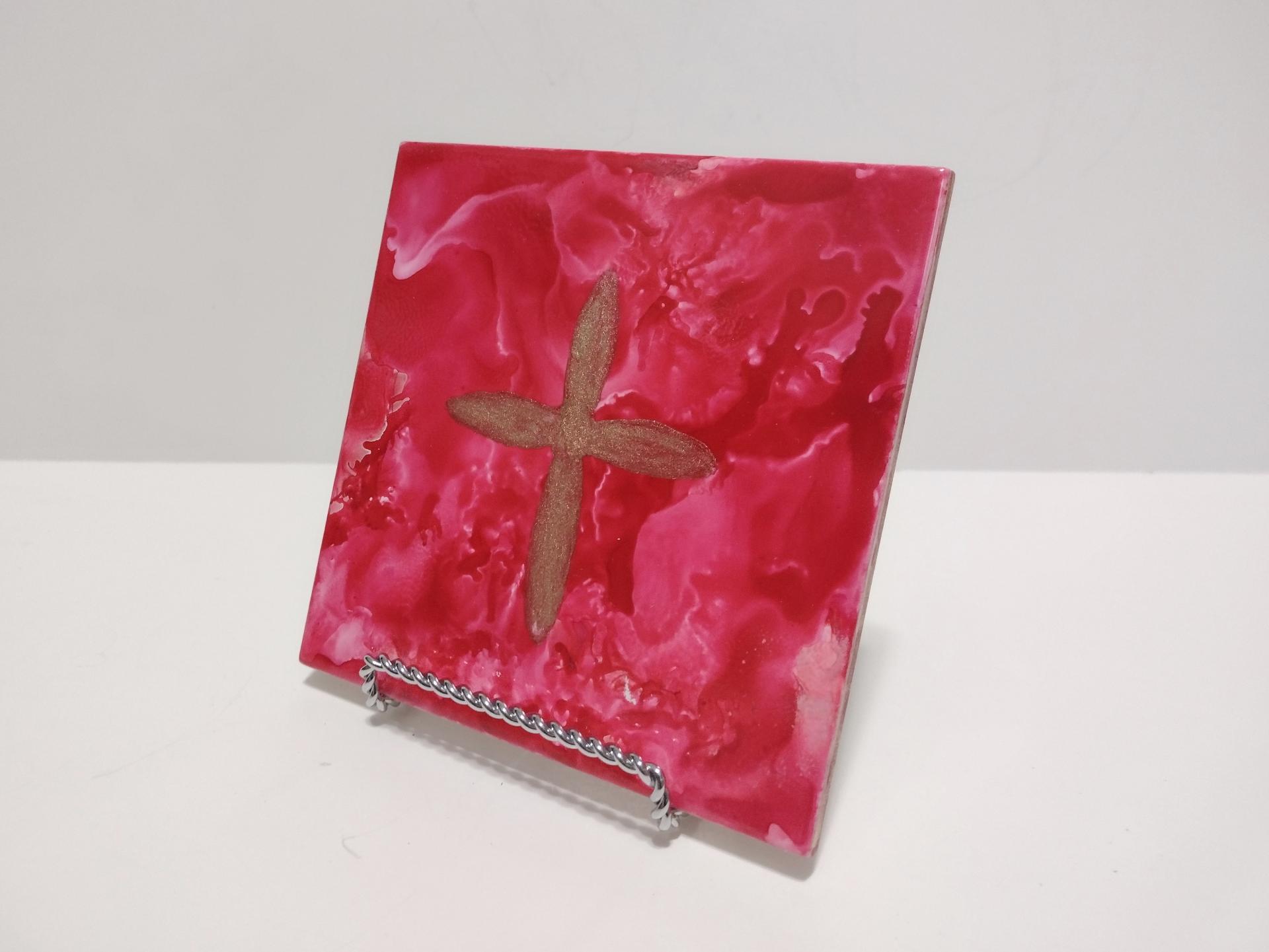 Alcohol Ink Ceramic Tile Trivet, 6" x 6", Red with Gold Metallic Cross