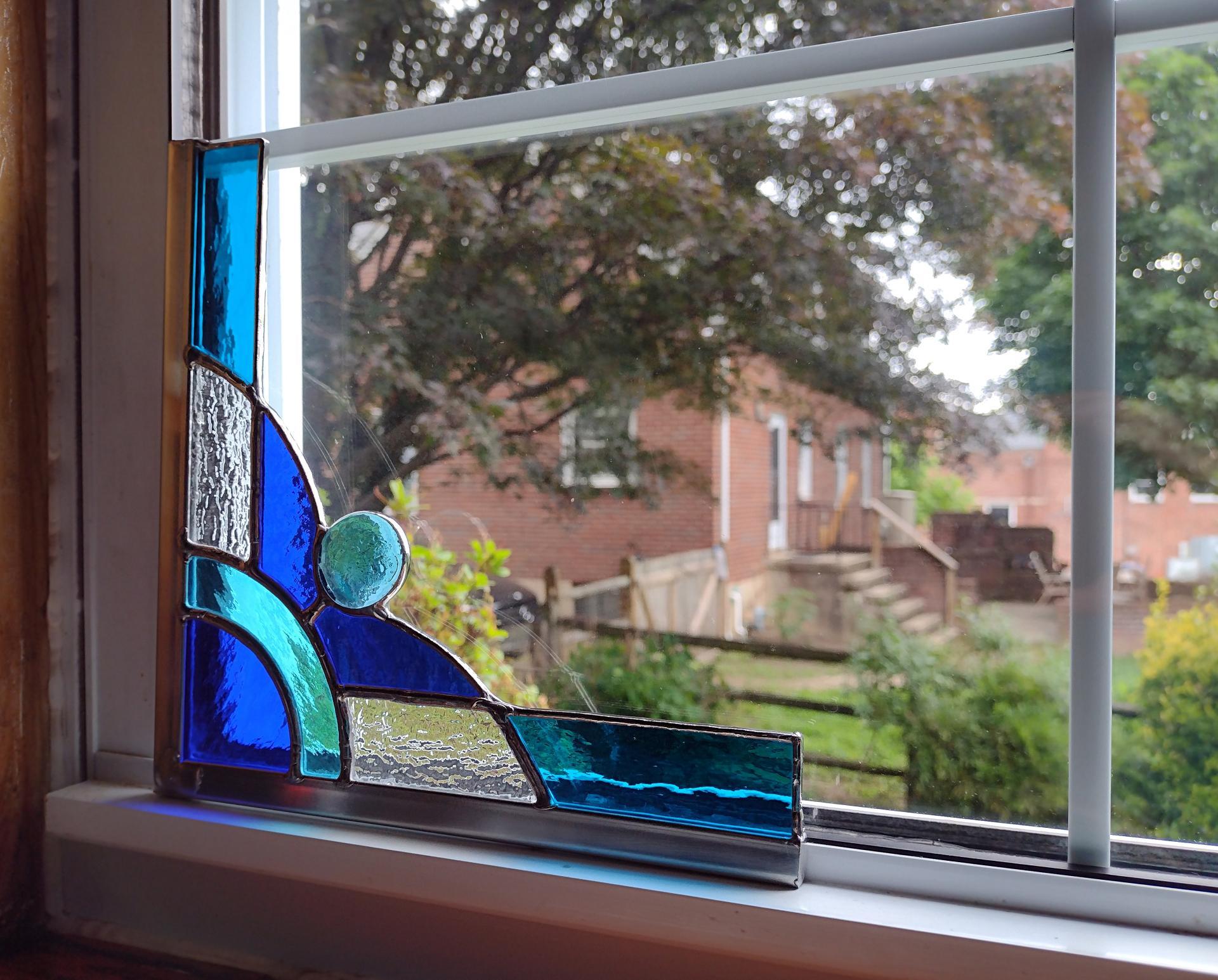 Stained Glass Corner Piece, Blue and Clear Cathedral Glass