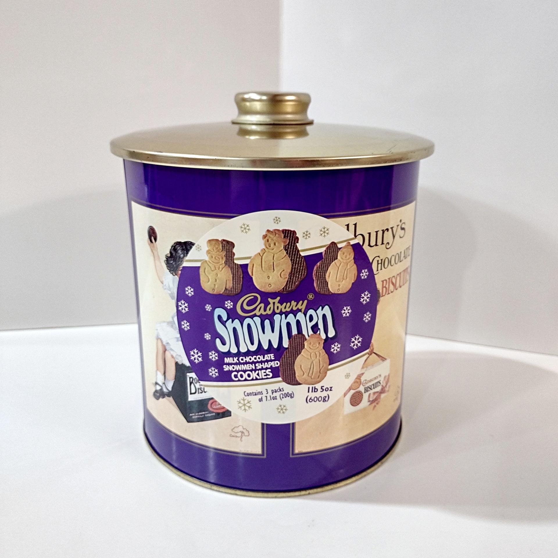 Vintage Cadbury Chocolate Snowman Cookies Tin, Round Cylinder Storage Container with Moisture Absorbing Lid