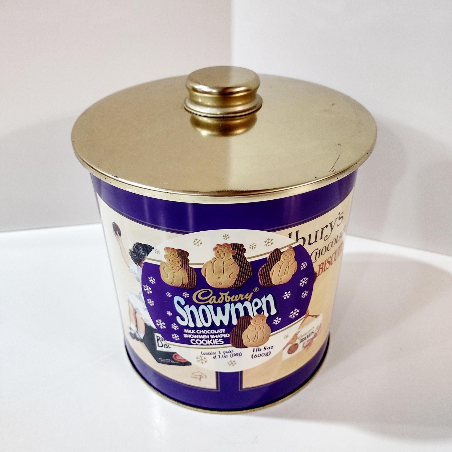 Vintage Cadbury Chocolate Snowman Cookies Tin, Round Cylinder Storage Container with Moisture Absorbing Lid