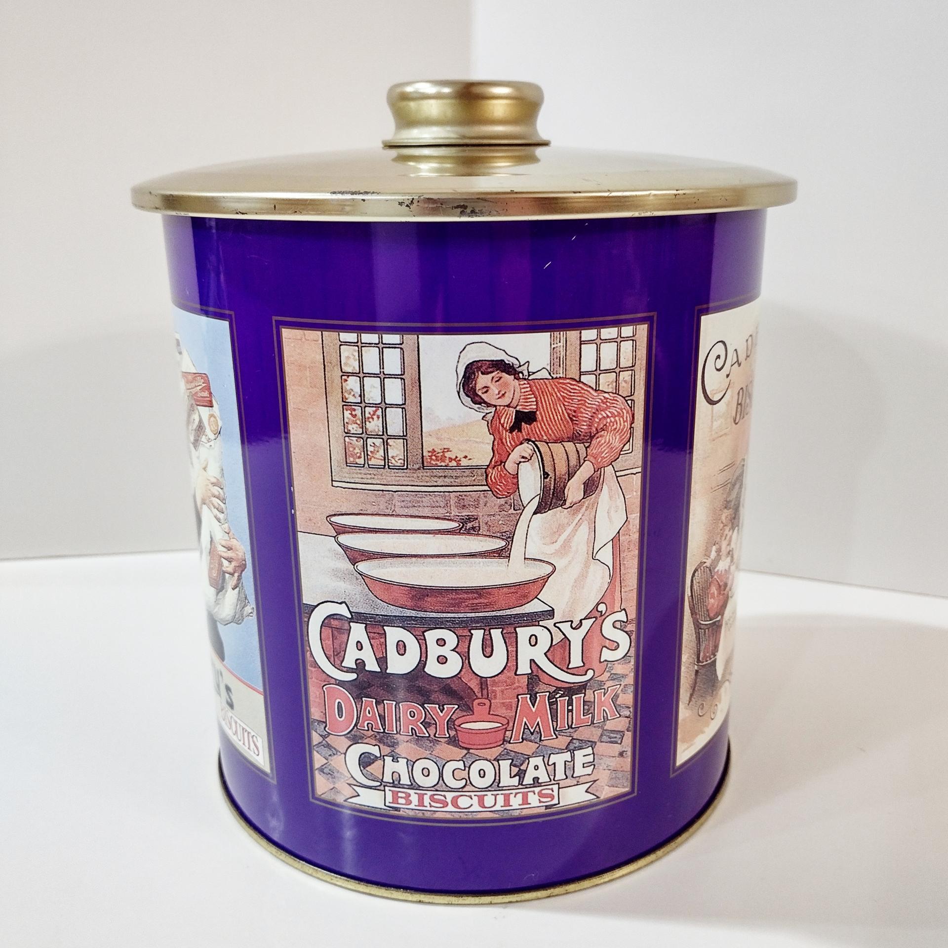 Vintage Cadbury Chocolate Snowman Cookies Tin, Round Cylinder Storage Container with Moisture Absorbing Lid