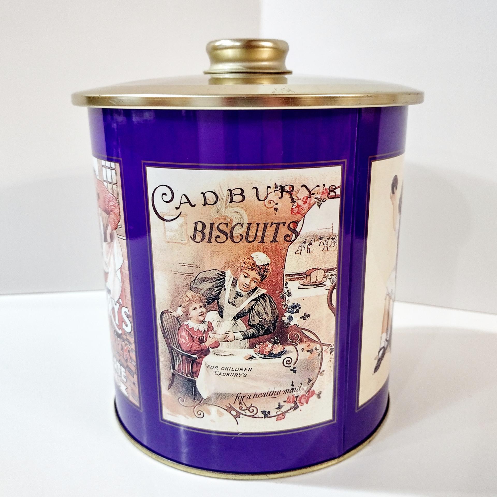 Vintage Cadbury Chocolate Snowman Cookies Tin, Round Cylinder Storage Container with Moisture Absorbing Lid