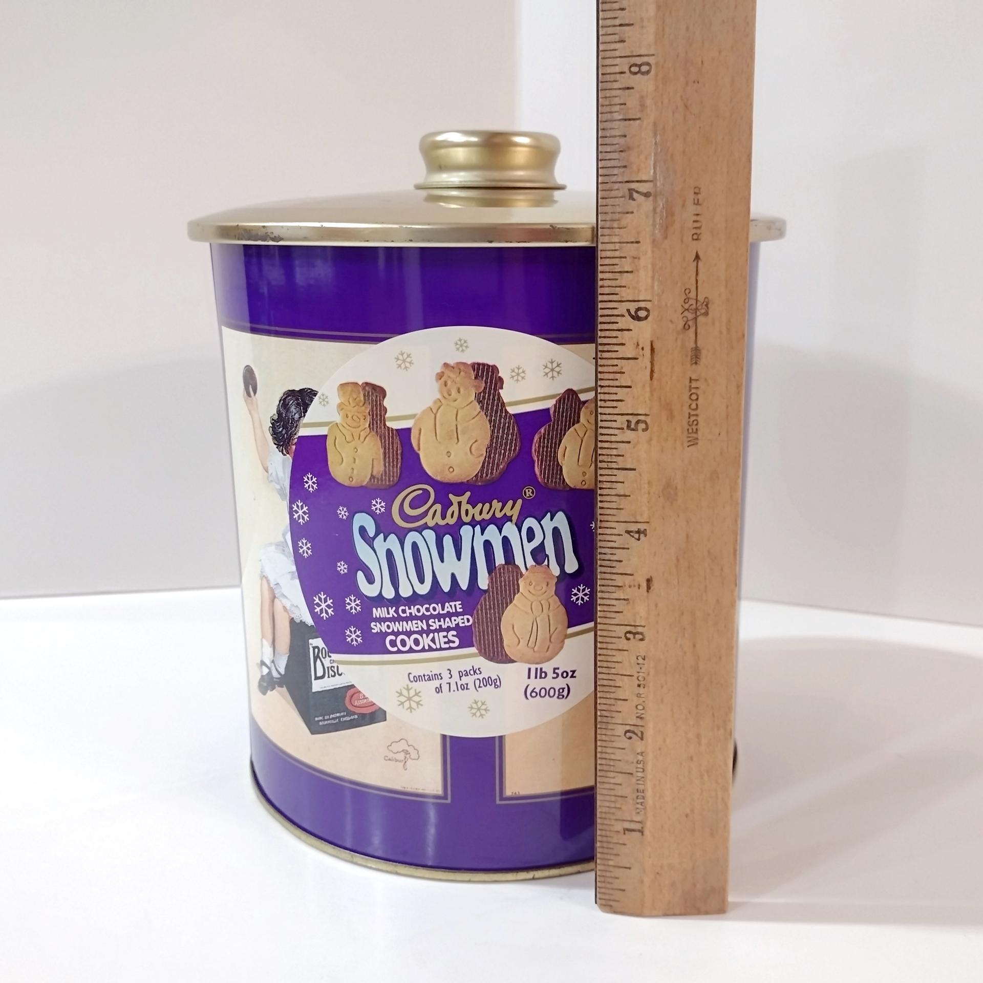 Vintage Cadbury Chocolate Snowman Cookies Tin, Round Cylinder Storage Container with Moisture Absorbing Lid
