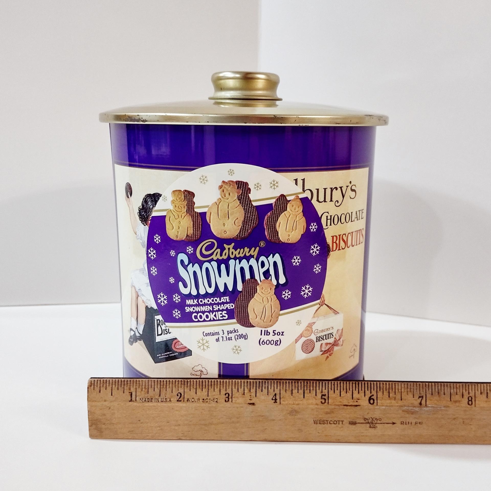 Vintage Cadbury Chocolate Snowman Cookies Tin, Round Cylinder Storage Container with Moisture Absorbing Lid