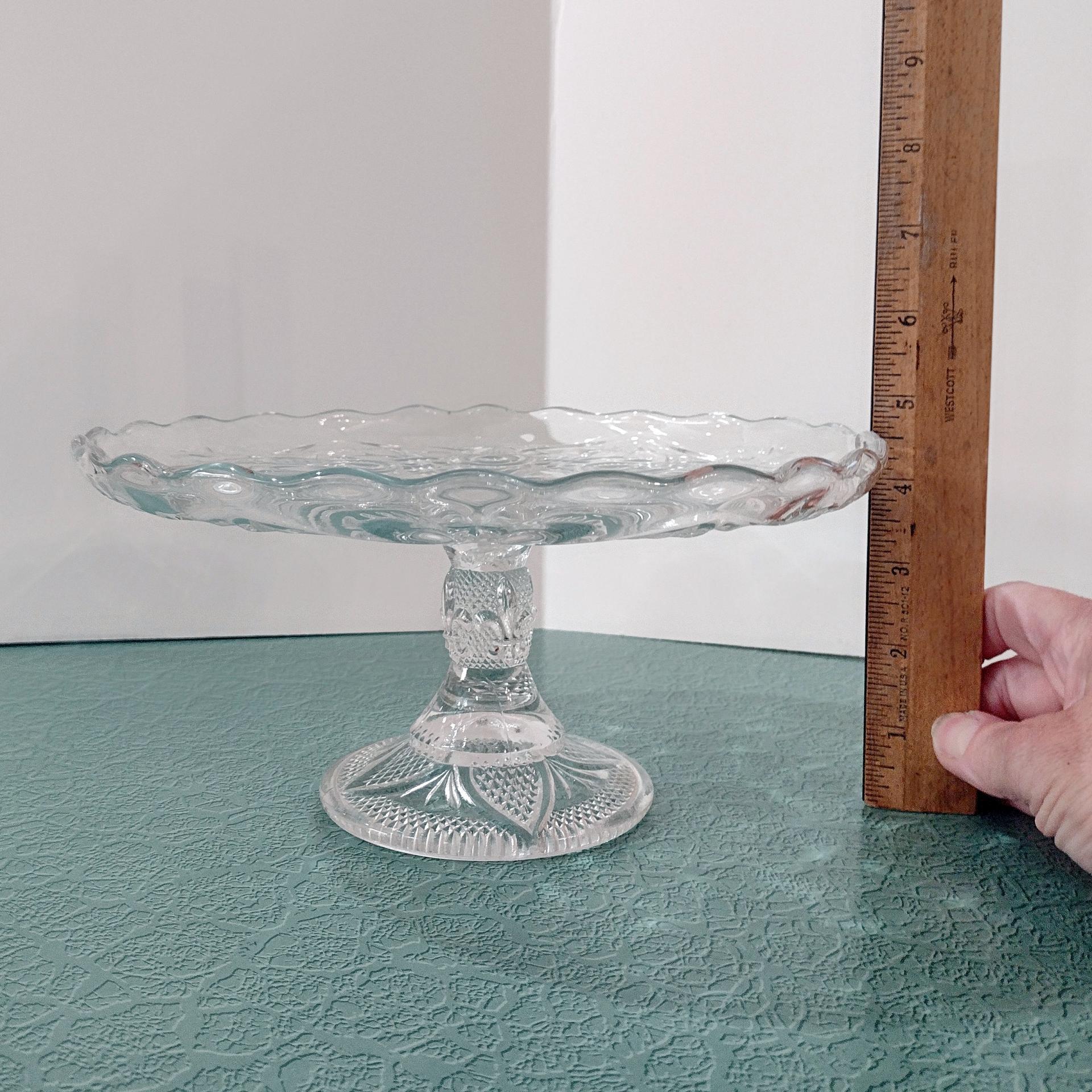 Antique 9 Inch Pressed Glass Pedestal Cake Stand with Lip, Bryce Higbee Arched Fleur De Lis, Pastry Dessert Display Plate, EAPG Cake Plate