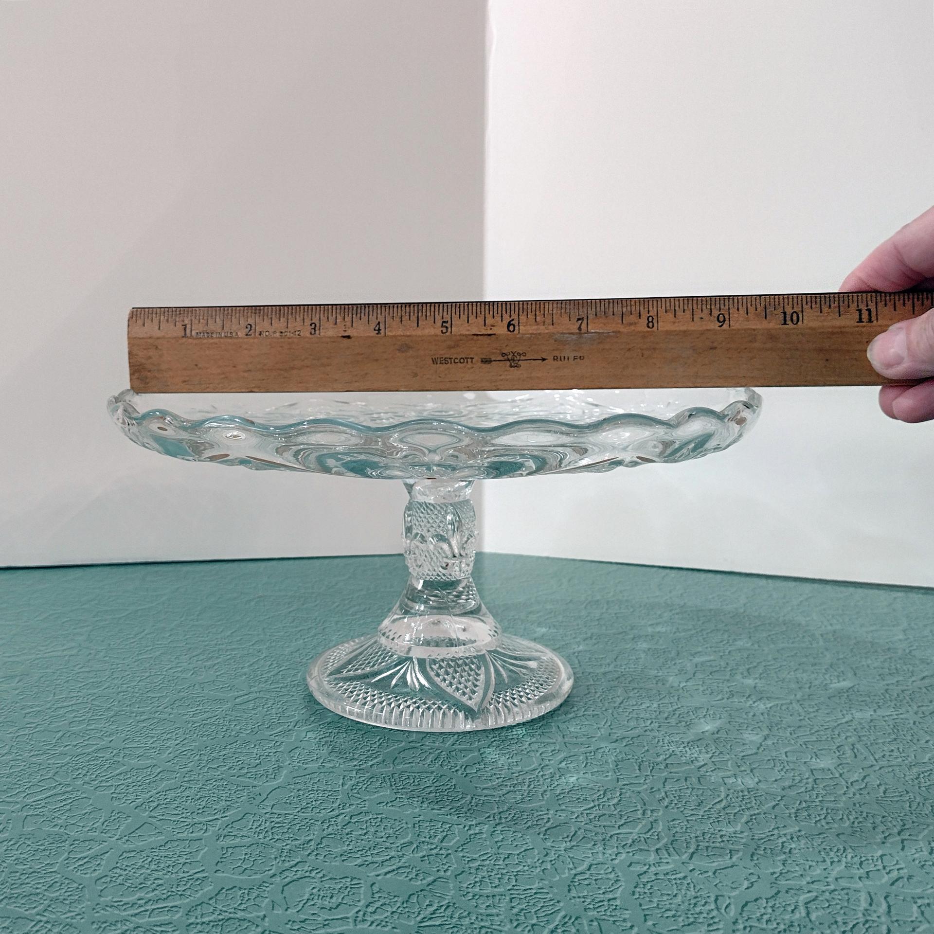Antique 9 Inch Pressed Glass Pedestal Cake Stand with Lip, Bryce Higbee Arched Fleur De Lis, Pastry Dessert Display Plate, EAPG Cake Plate