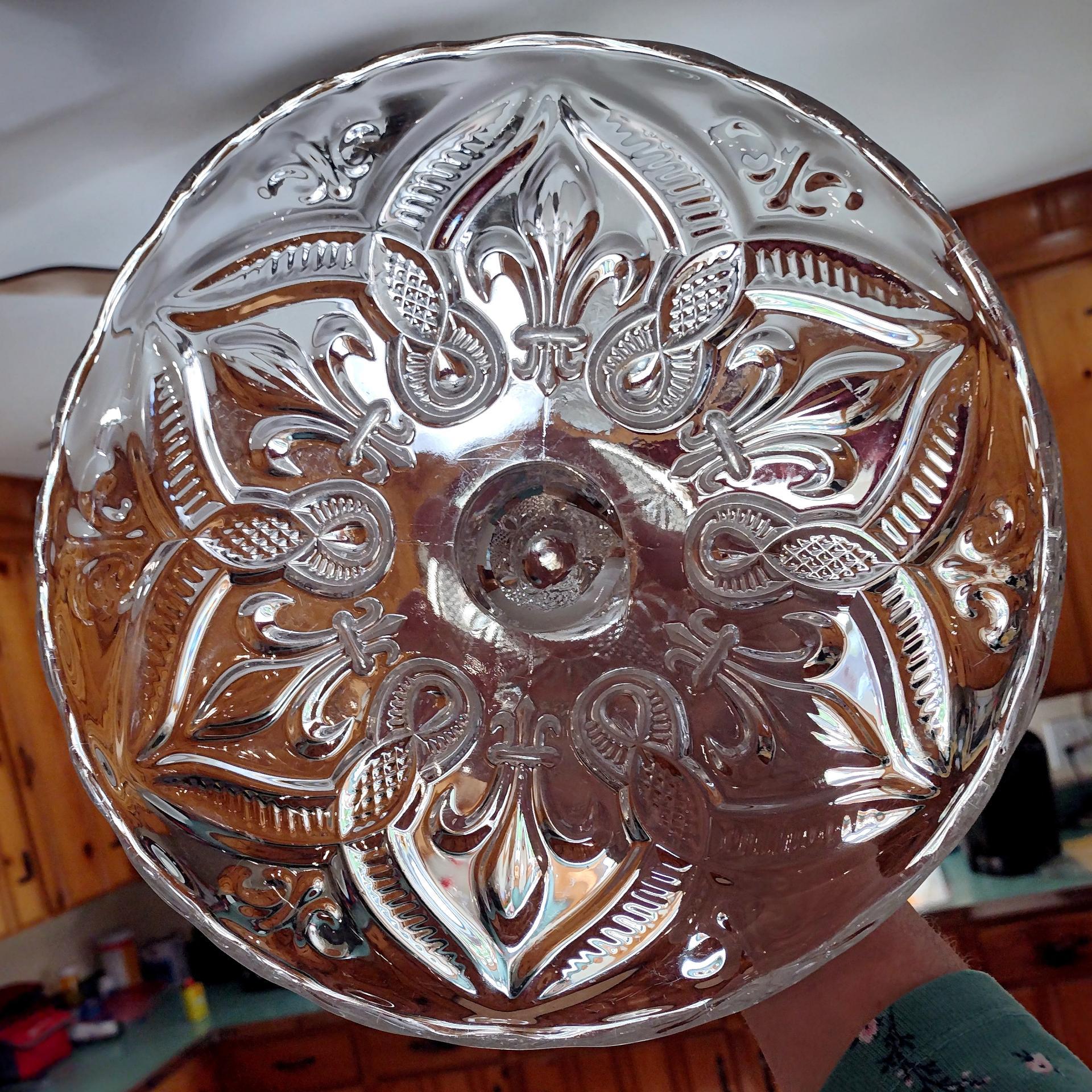 Antique 9 Inch Pressed Glass Pedestal Cake Stand with Lip, Bryce Higbee Arched Fleur De Lis, Pastry Dessert Display Plate, EAPG Cake Plate