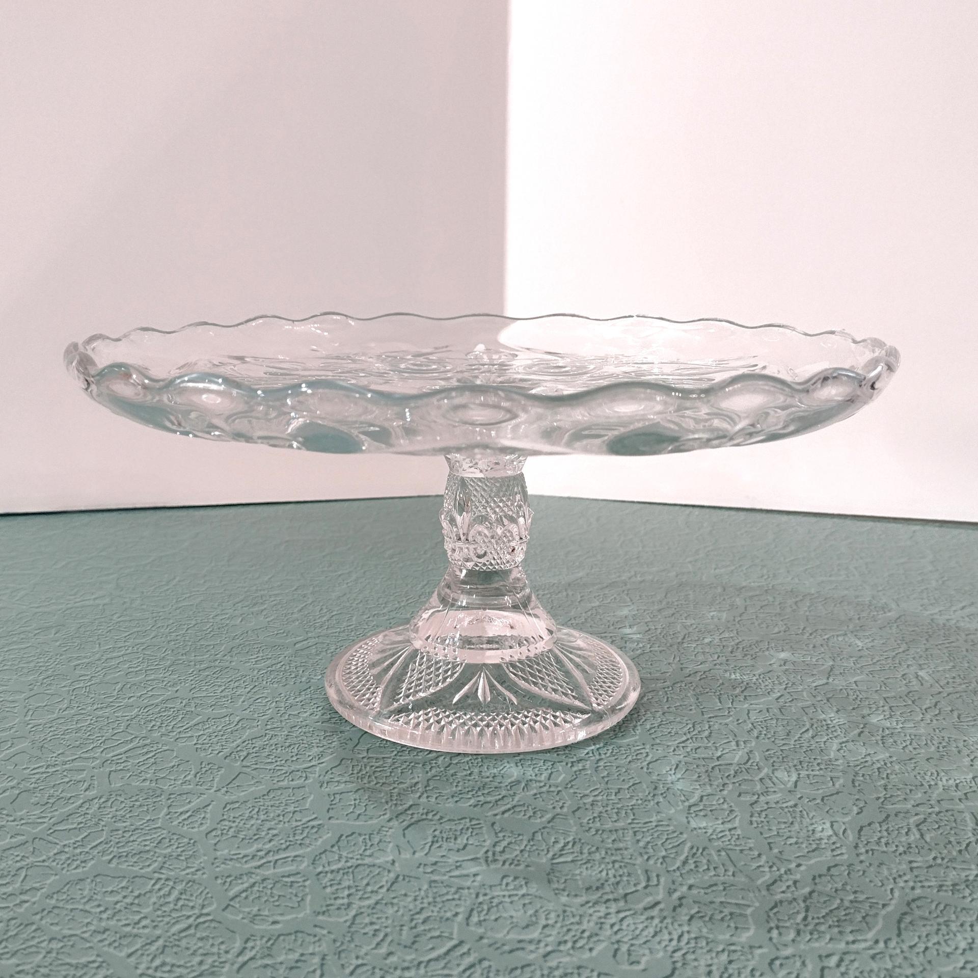 Antique 9 Inch Pressed Glass Pedestal Cake Stand with Lip, Bryce Higbee Arched Fleur De Lis, Pastry Dessert Display Plate, EAPG Cake Plate