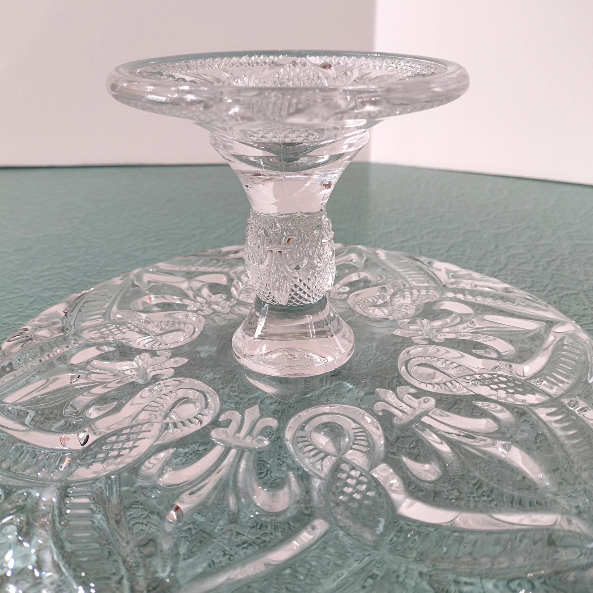 Antique 9 Inch Pressed Glass Pedestal Cake Stand with Lip, Bryce Higbee Arched Fleur De Lis, Pastry Dessert Display Plate, EAPG Cake Plate