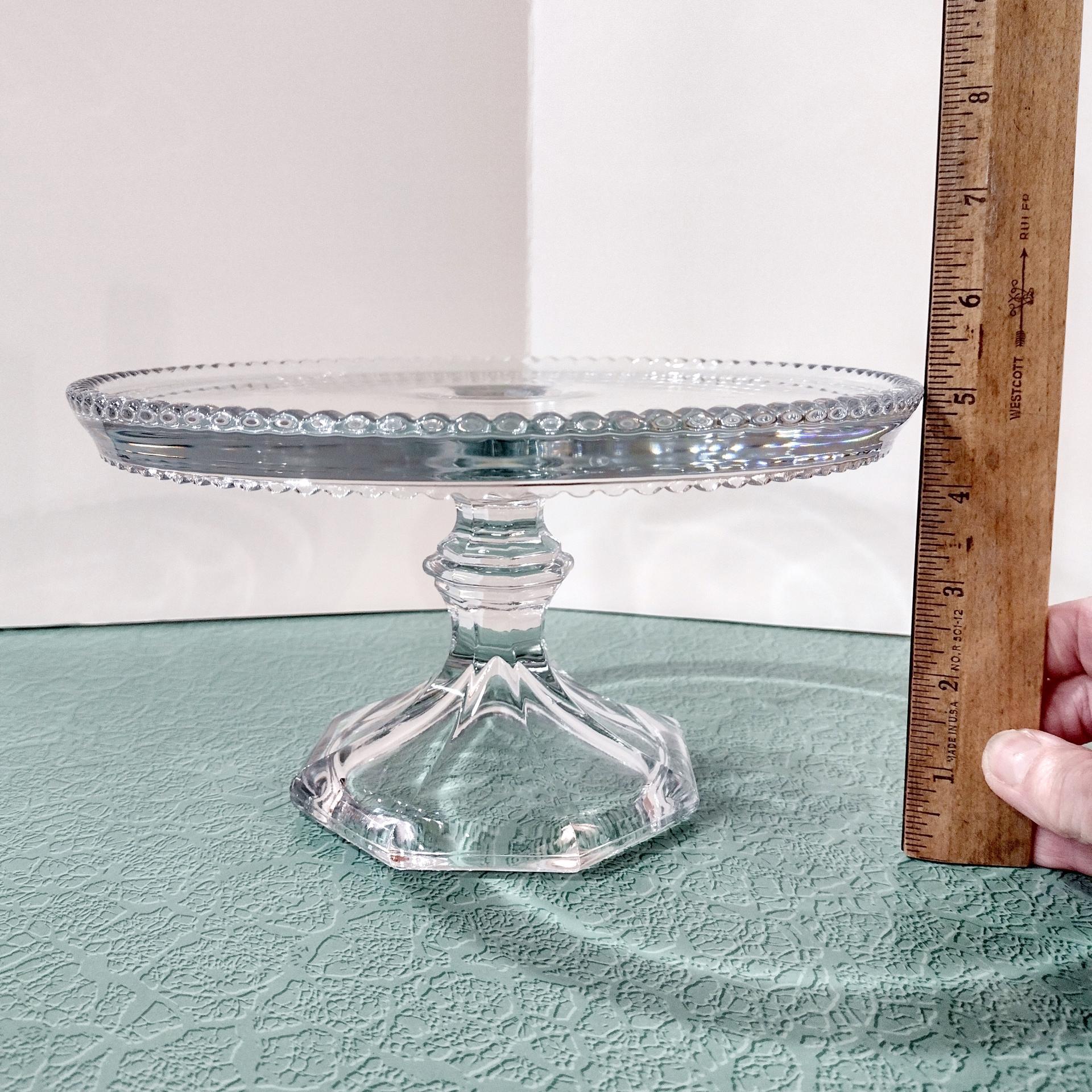 Antique Heisey Puritan 341 Clear Pressed Glass Pedestal Cake Stand with Beaded Lip, Vintage EAPG Pastry Dessert Display Plate
