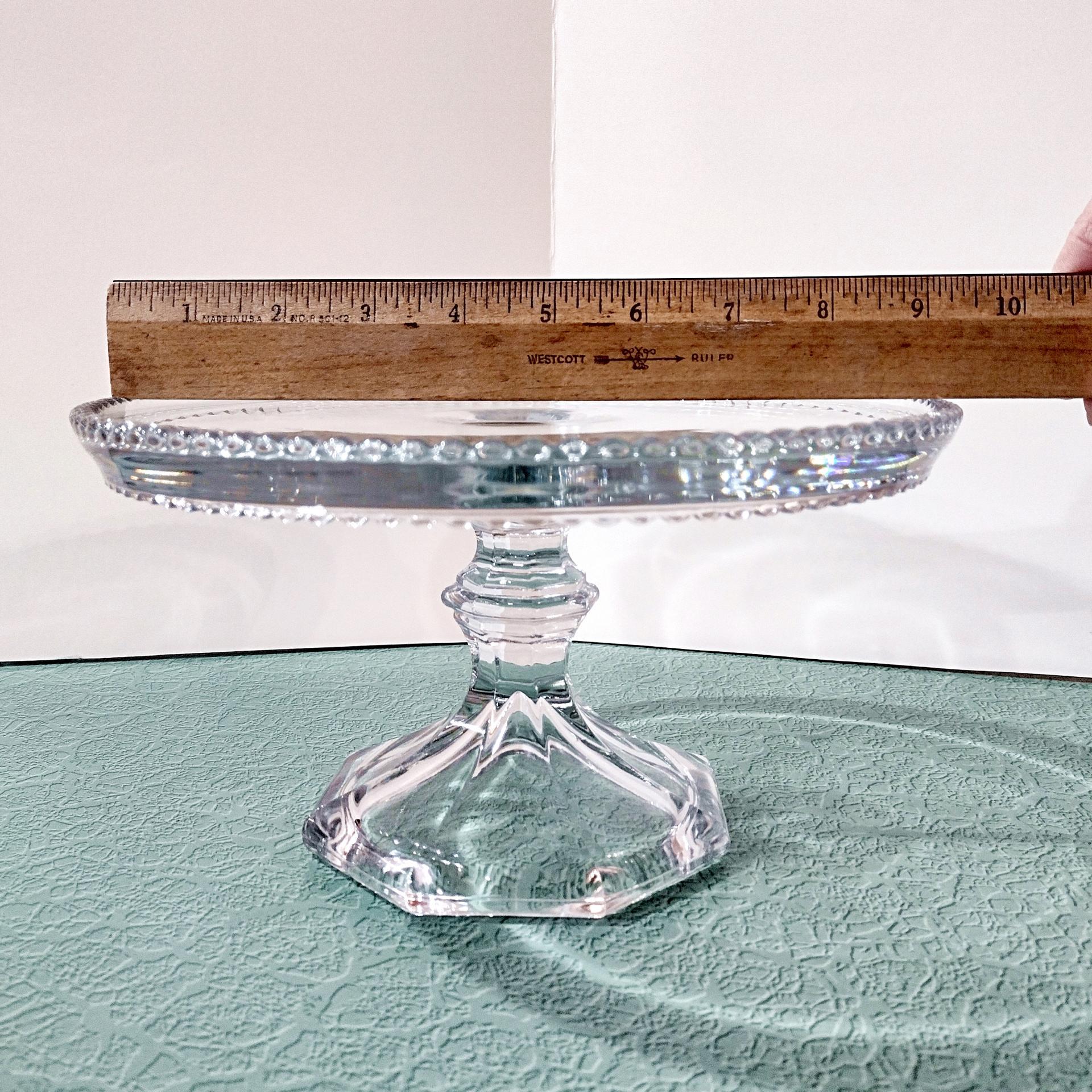 Antique Heisey Puritan 341 Clear Pressed Glass Pedestal Cake Stand with Beaded Lip, Vintage EAPG Pastry Dessert Display Plate