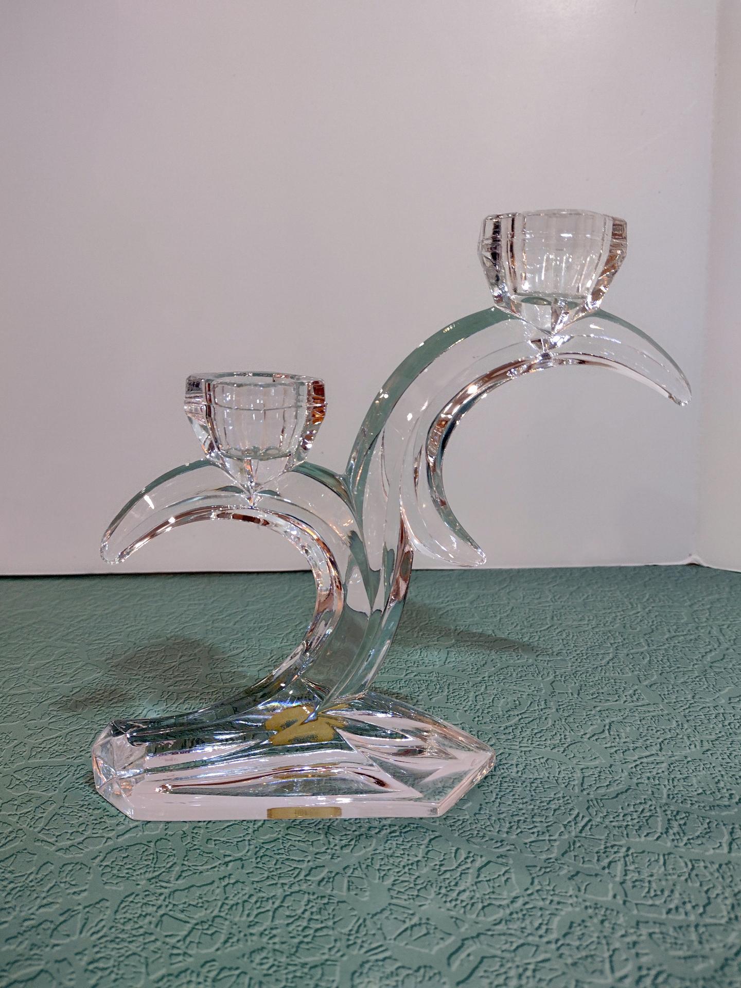 Vintage Lead Crystal Double Candlestick Holder, Art Deco Crystal Glass Candle Holder