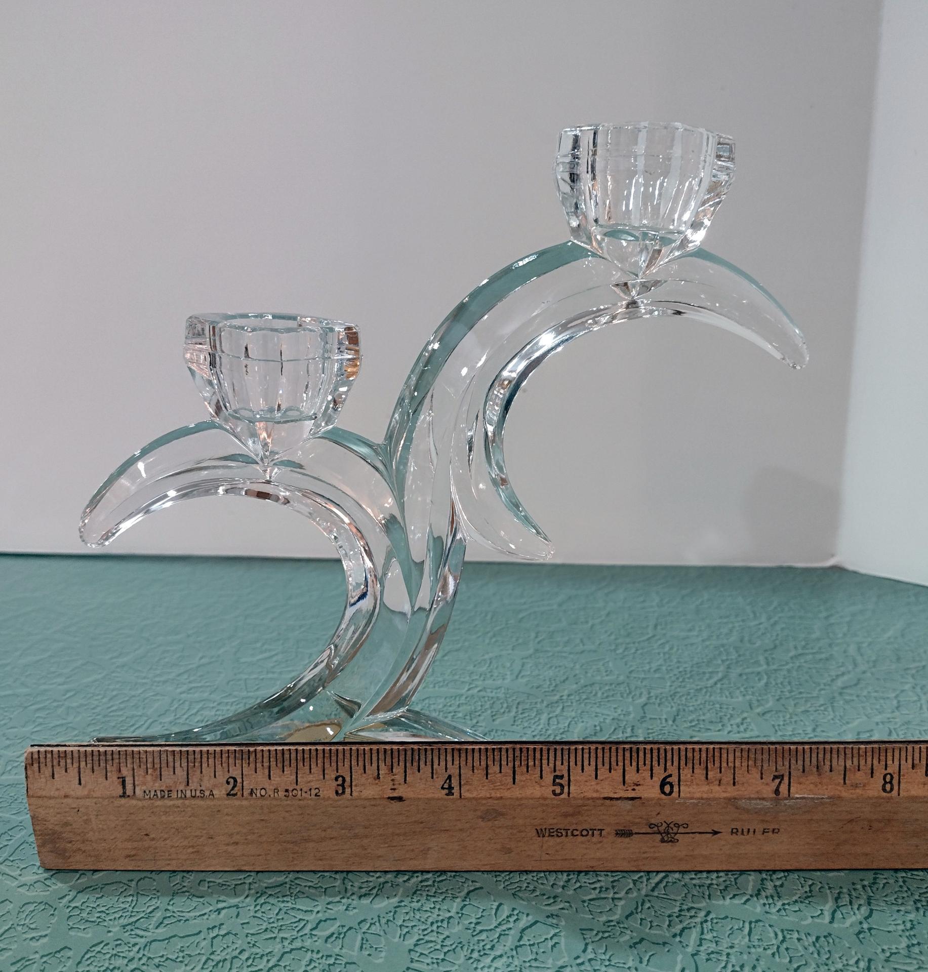 Vintage Lead Crystal Double Candlestick Holder, Art Deco Crystal Glass Candle Holder