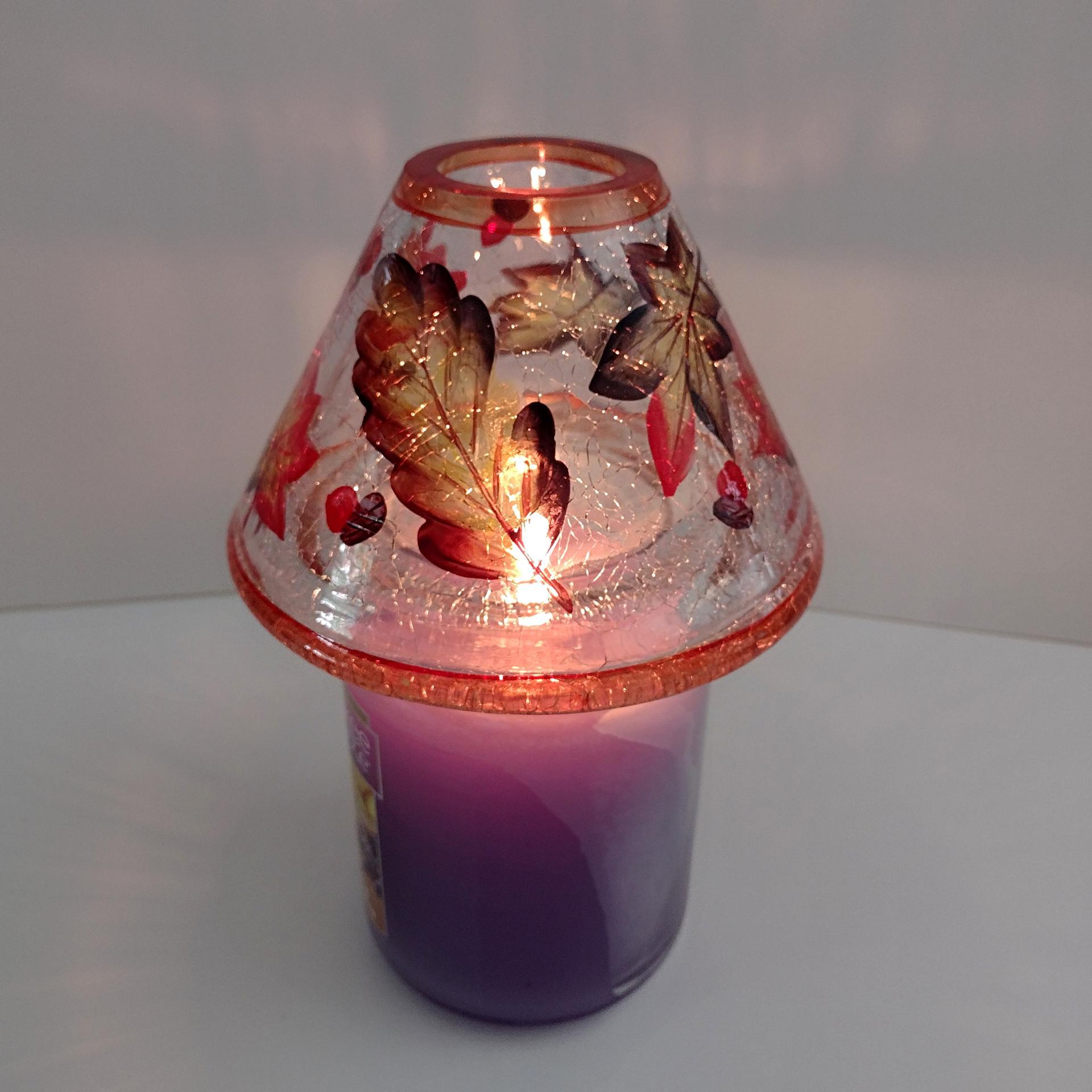 Crackle Glass Fall Leaves Jar Candle Shade Topper, Fall Autumn Yankee Candle Jar Topper