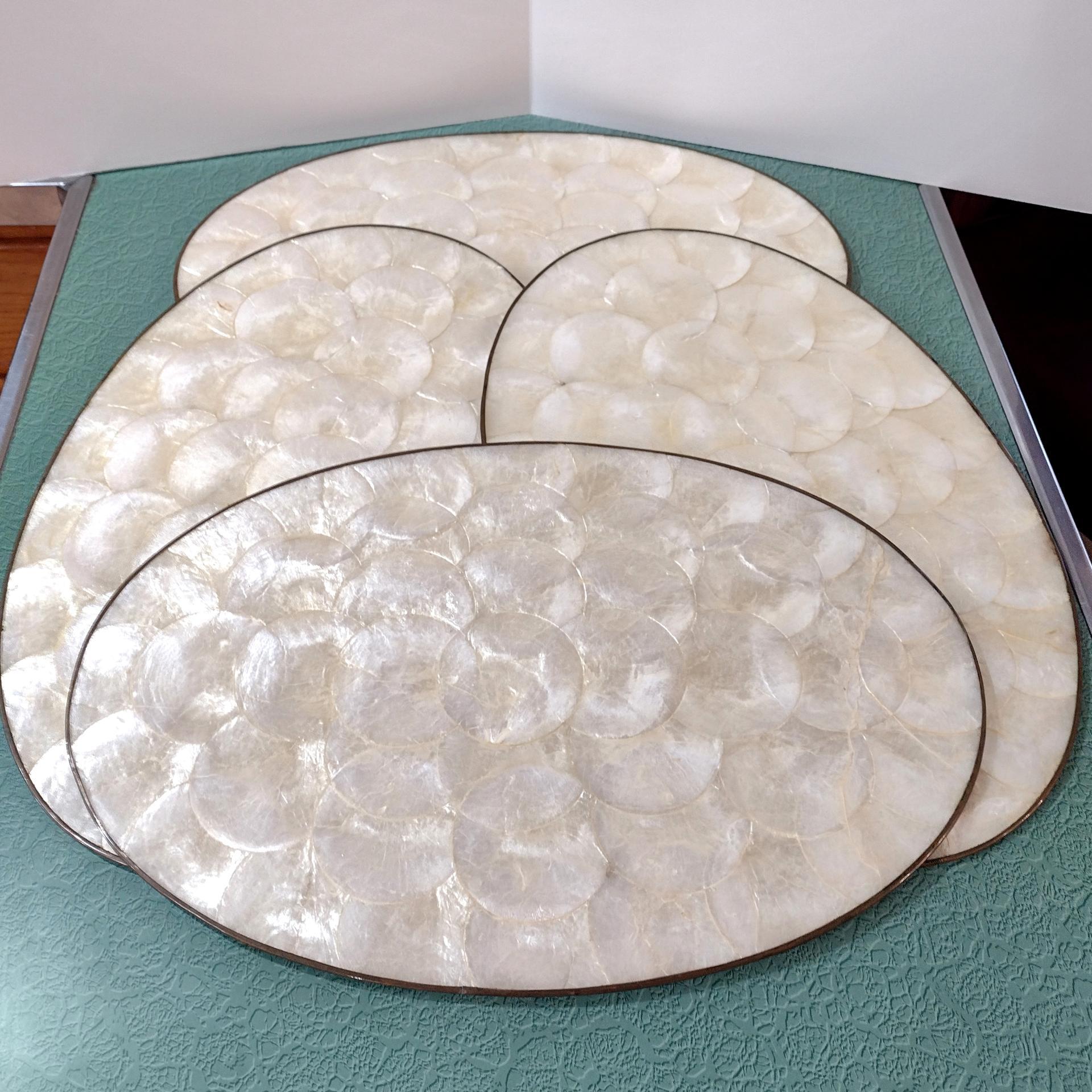 Vintage Capiz Shell Oval Placemats, Set of Four, 1960's Table Setting Decor