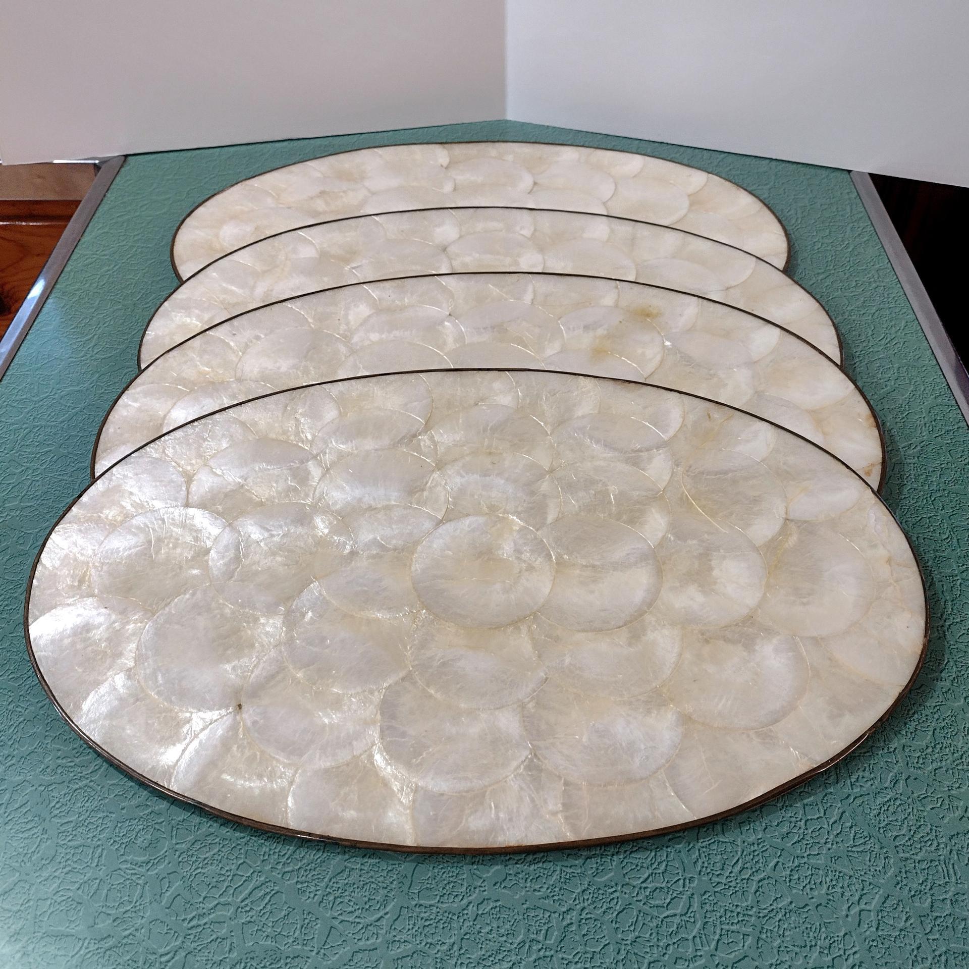 Vintage Capiz Shell Oval Placemats, Set of Four, 1960's Table Setting Decor
