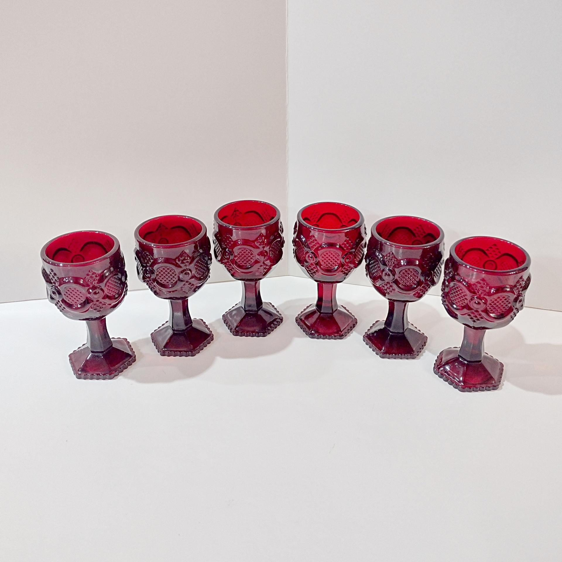 Vintage Avon 1876 Cape Cod Ruby Red Small Wine Glasses, Set of 6, Aperitif Cordial Sherry Port Wine Glasses, Holiday Christmas Glassware