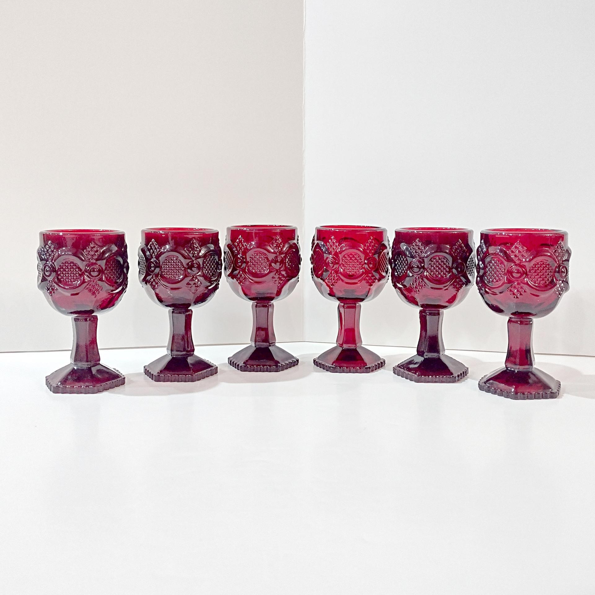 Vintage Avon 1876 Cape Cod Ruby Red Small Wine Glasses, Set of 6, Aperitif Cordial Sherry Port Wine Glasses, Holiday Christmas Glassware