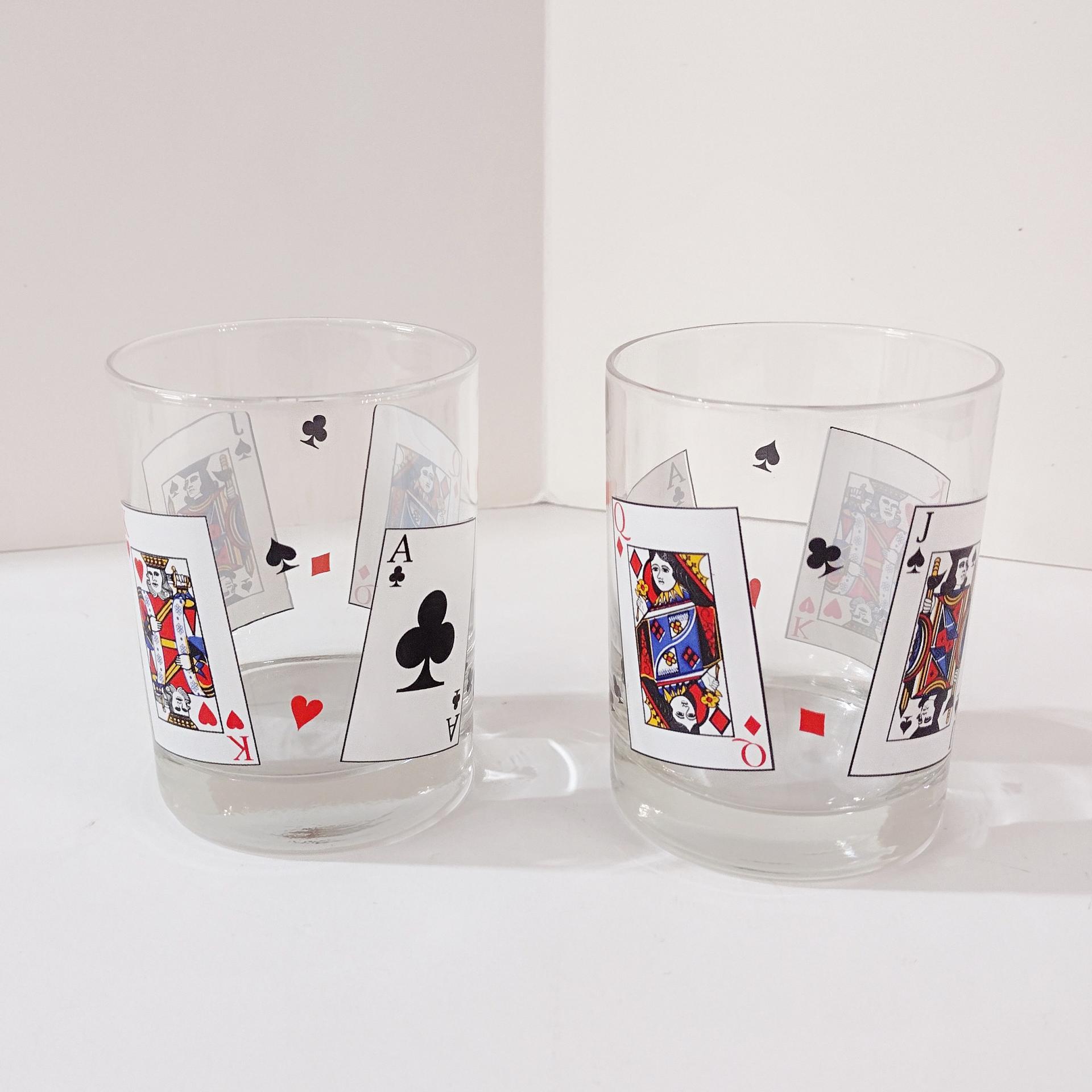 Vintage Luminarc Card Party Double Old Fashioned Whiskey Lowball Glasses, Set of Two, Playing Cards Poker Barware