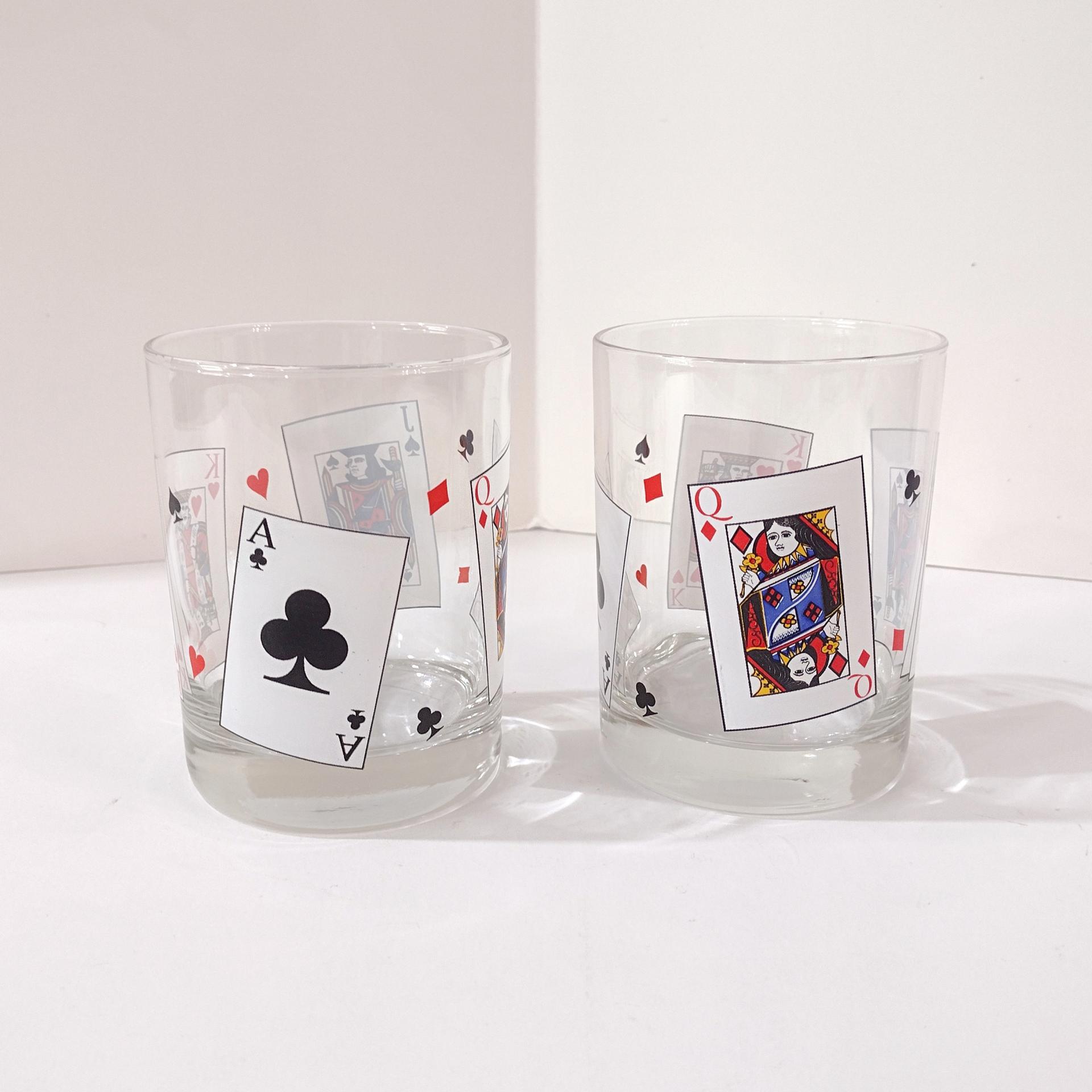 Vintage Luminarc Card Party Double Old Fashioned Whiskey Lowball Glasses, Set of Two, Playing Cards Poker Barware