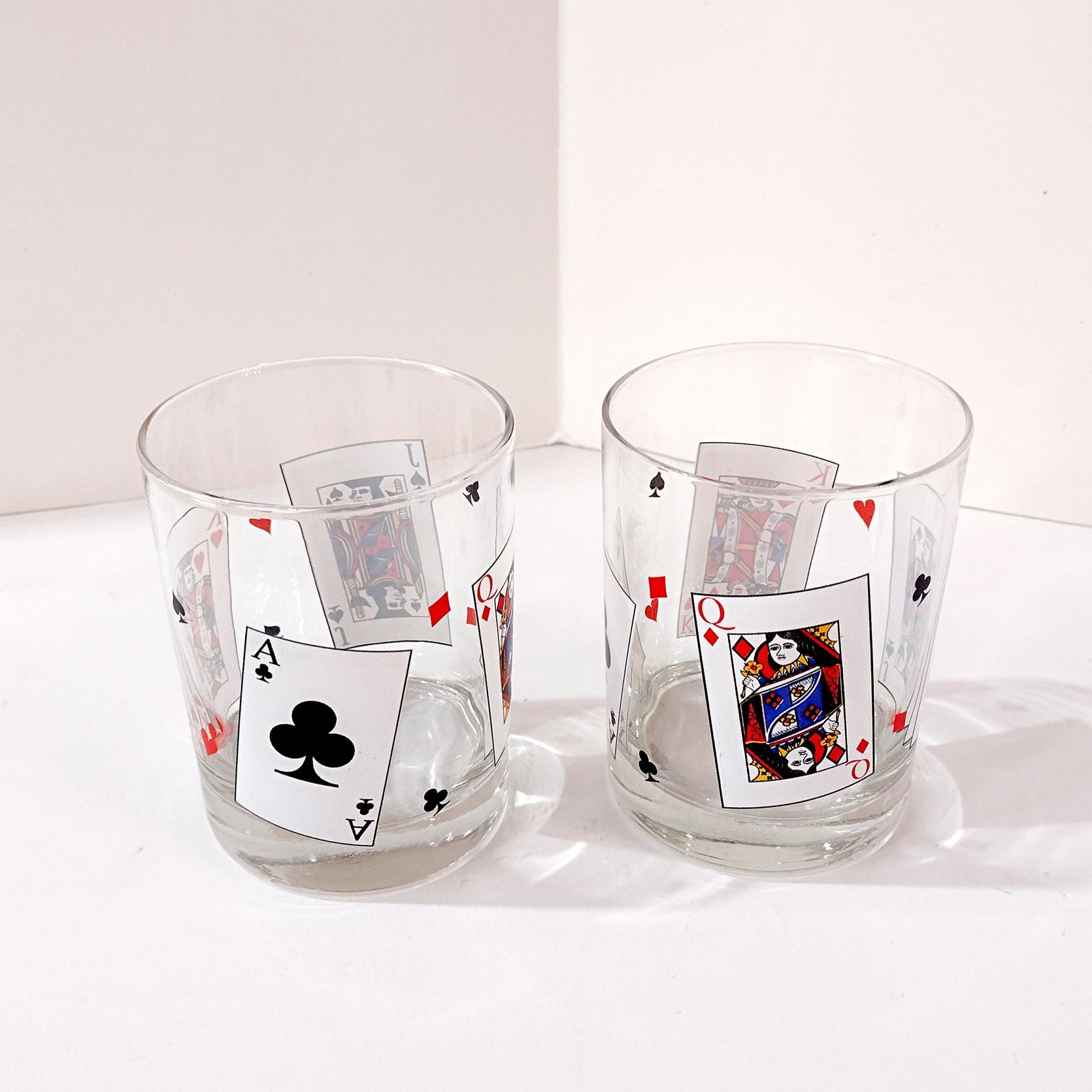 Vintage Luminarc Card Party Double Old Fashioned Whiskey Lowball Glasses, Set of Two, Playing Cards Poker Barware