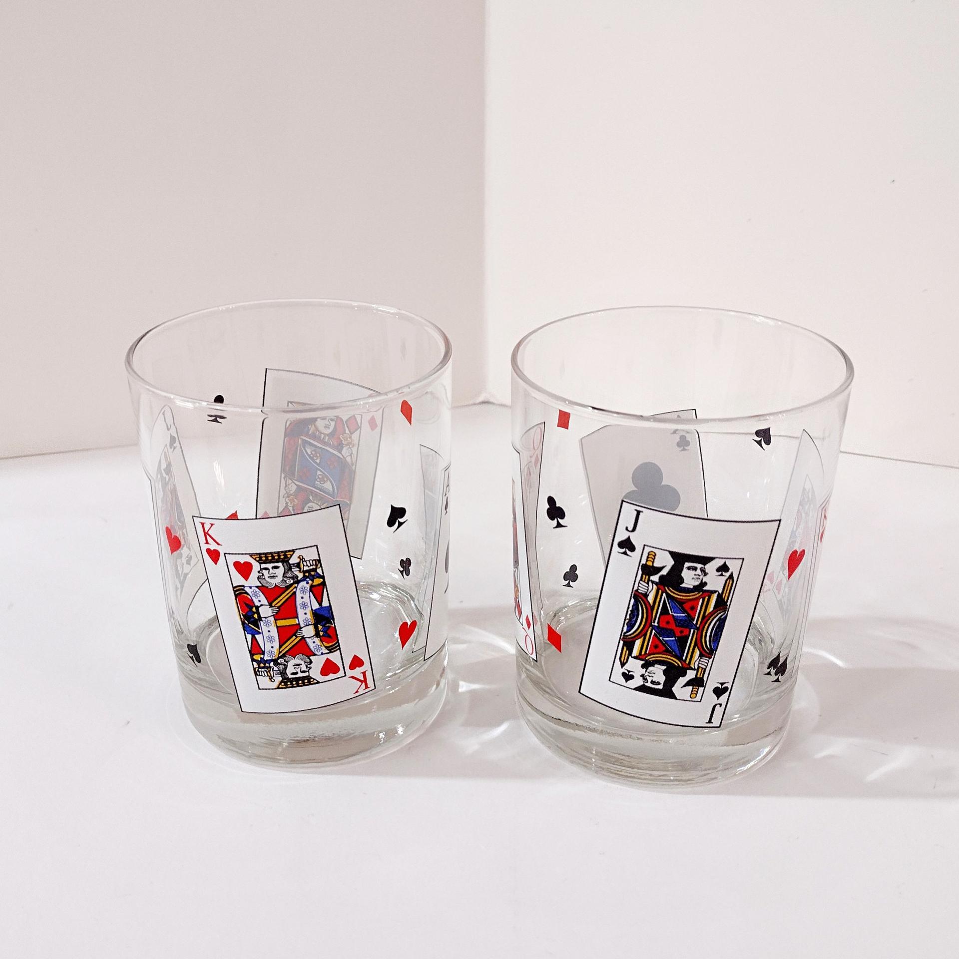 Vintage Luminarc Card Party Double Old Fashioned Whiskey Lowball Glasses, Set of Two, Playing Cards Poker Barware