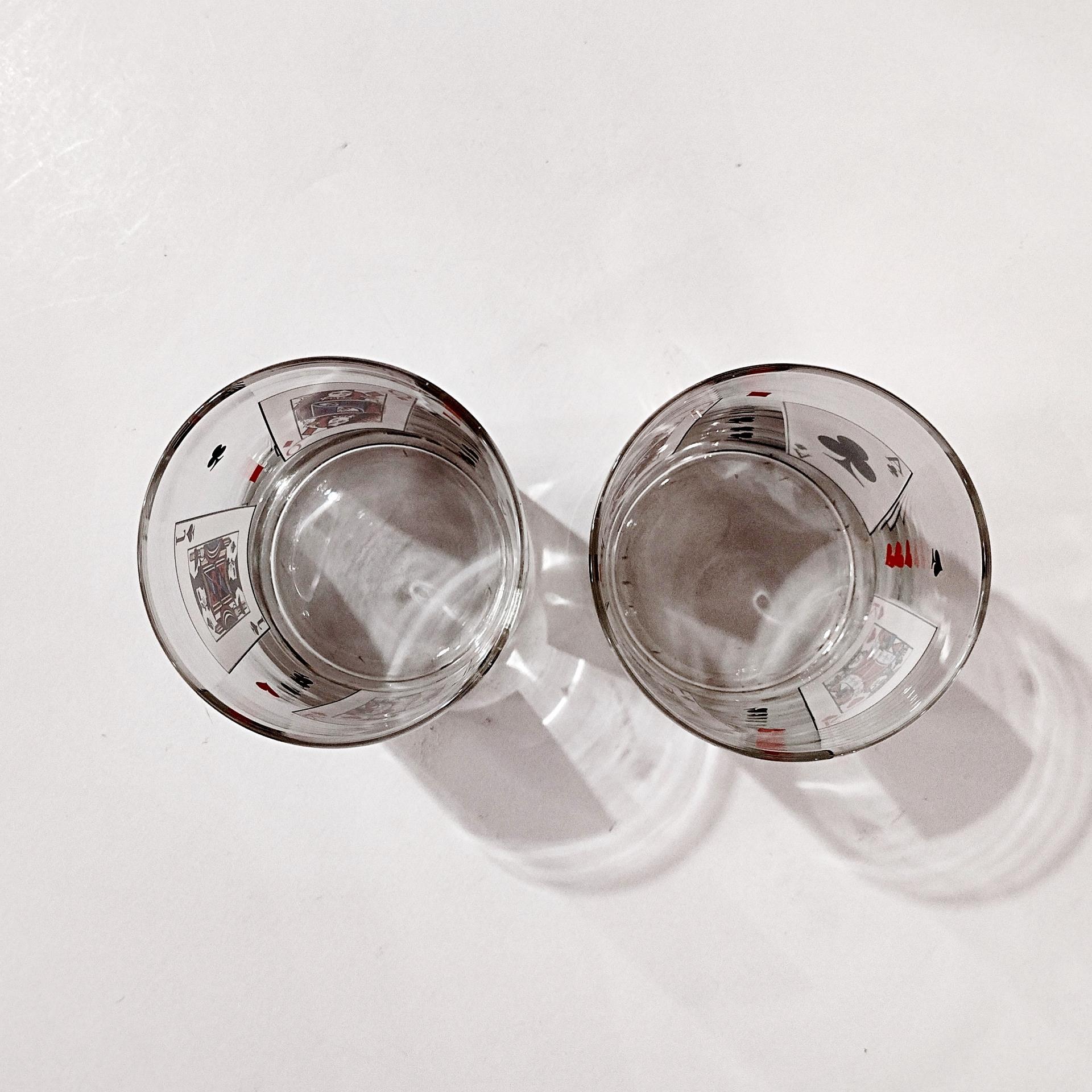 Vintage Luminarc Card Party Double Old Fashioned Whiskey Lowball Glasses, Set of Two, Playing Cards Poker Barware