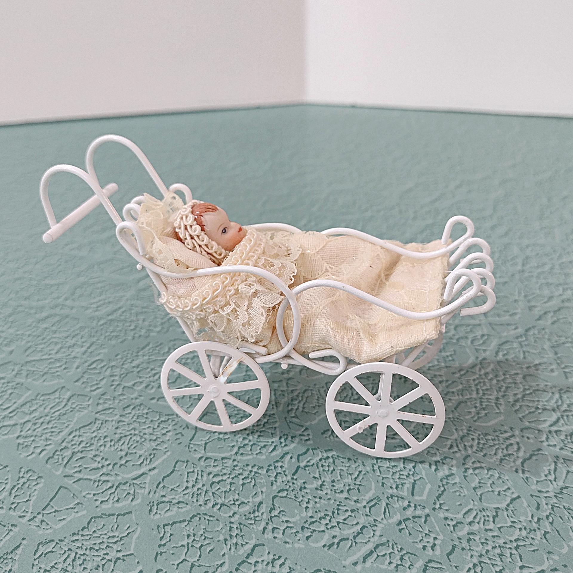 Vintage Victorian Lace Doll House Baby Carriage, Miniature Baby with White Metal Stroller Christmas Tree Ornament