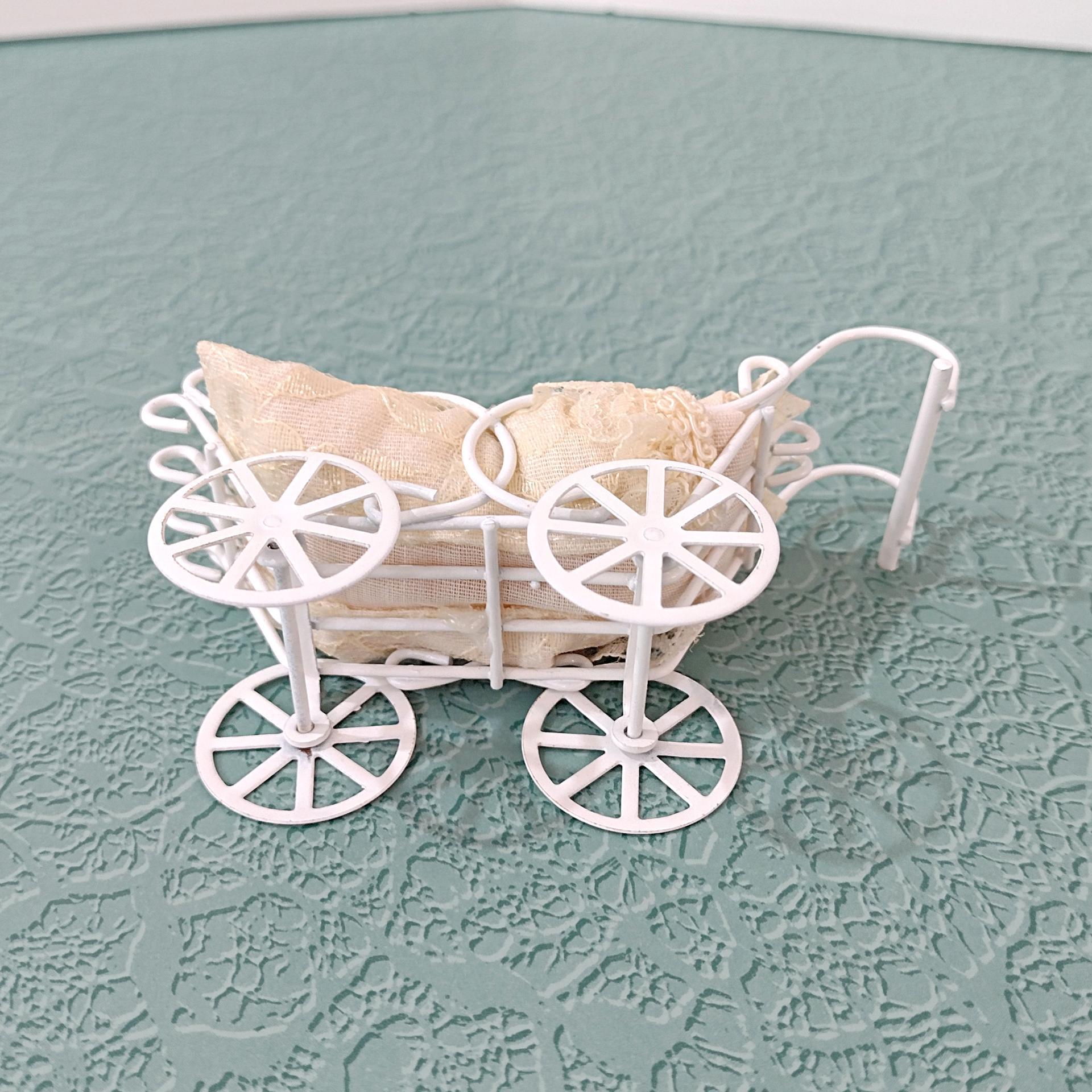 Vintage Victorian Lace Doll House Baby Carriage, Miniature Baby with White Metal Stroller Christmas Tree Ornament