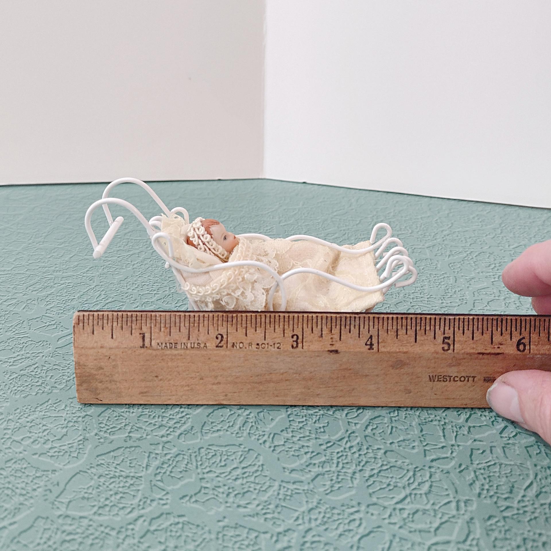 Vintage Victorian Lace Doll House Baby Carriage, Miniature Baby with White Metal Stroller Christmas Tree Ornament