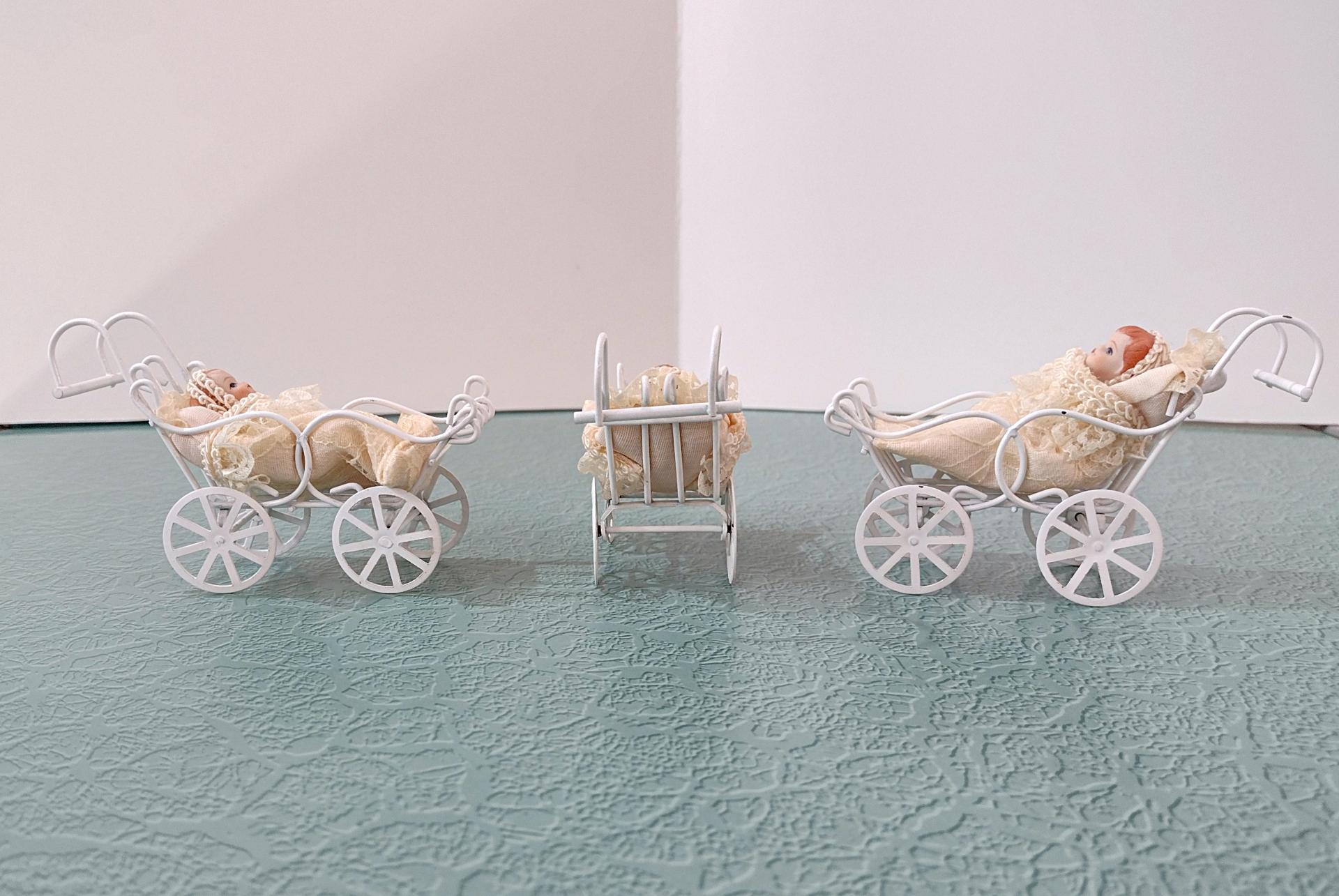 Vintage Victorian Lace Doll House Baby Carriage, Miniature Baby with White Metal Stroller Christmas Tree Ornament