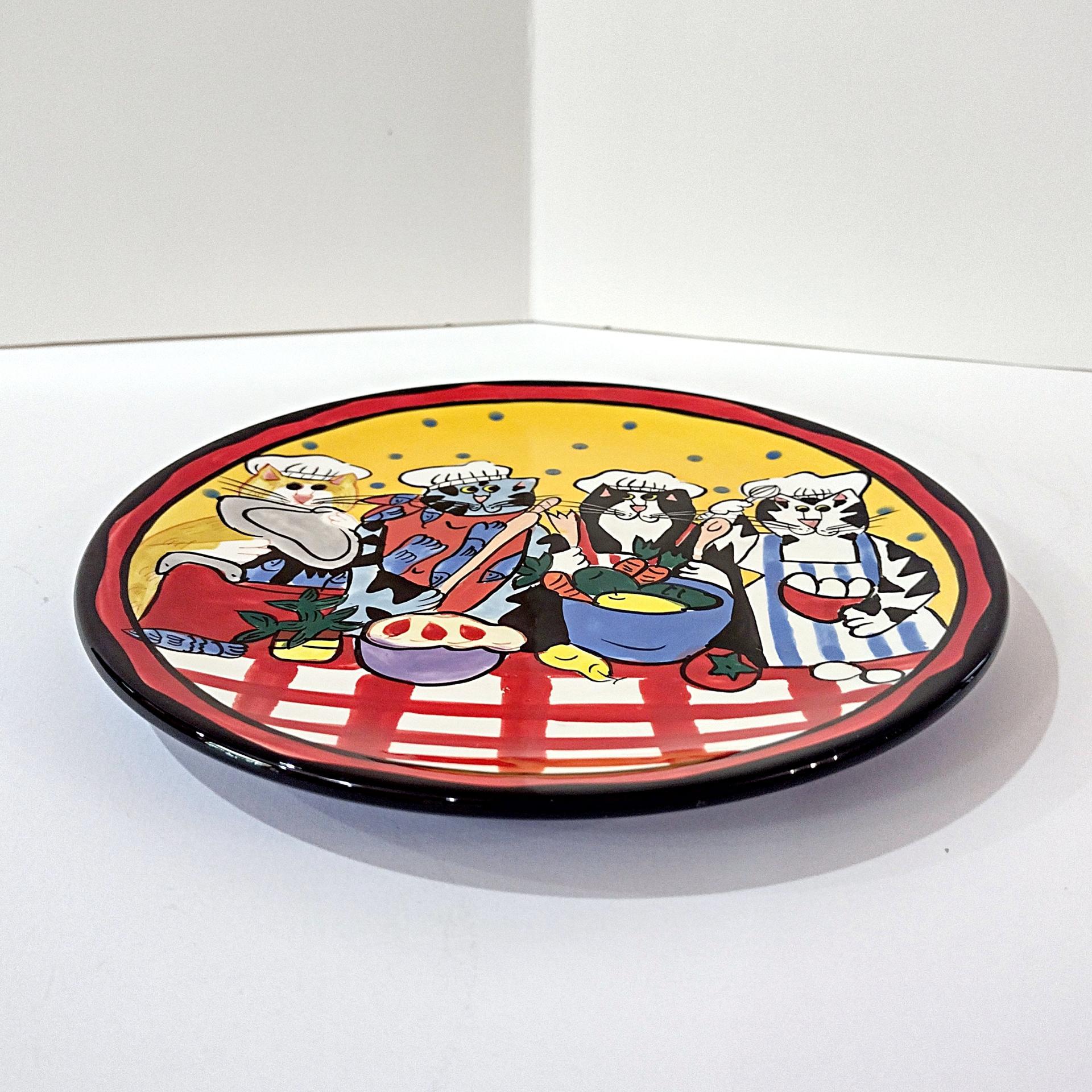 Vintage Candace Reiter Catzilla Cooking Chef Cats Ceramic Plate, Whimsical Cat 8 Inch Plate