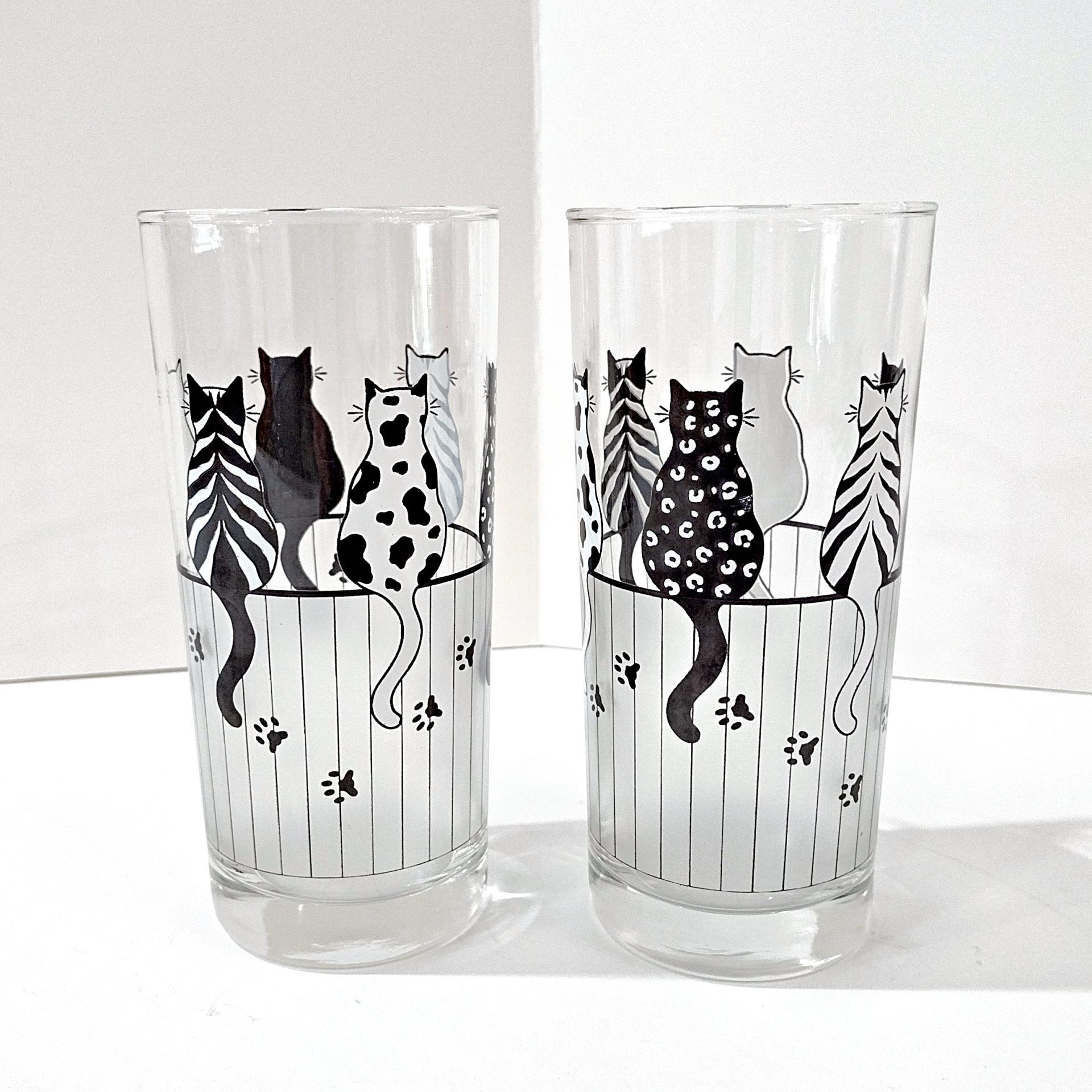 Vintage Black and White Cats on a Fence Highball Drinking Glasses, Set of 2, MCM Barware