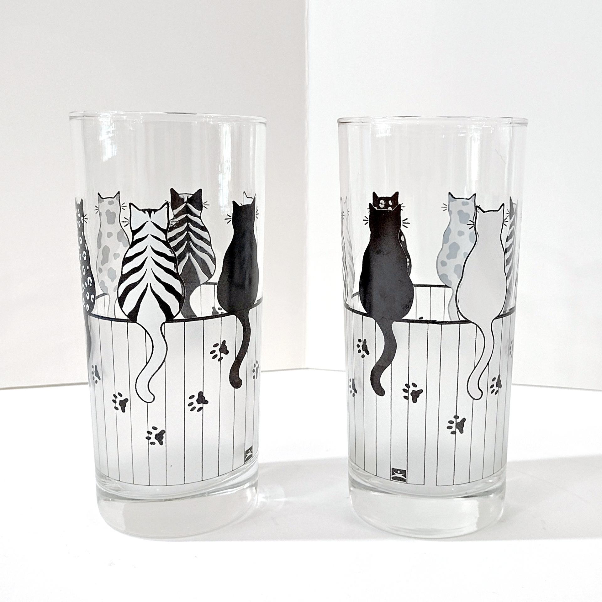 Vintage Black and White Cats on a Fence Highball Drinking Glasses, Set of 2, MCM Barware