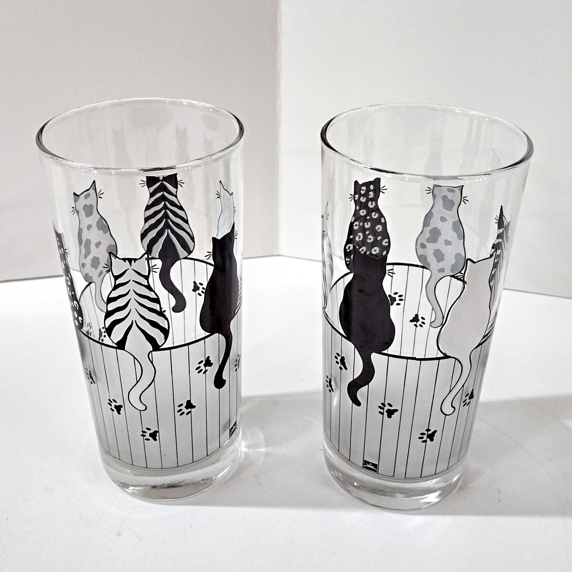 Vintage Black and White Cats on a Fence Highball Drinking Glasses, Set of 2, MCM Barware