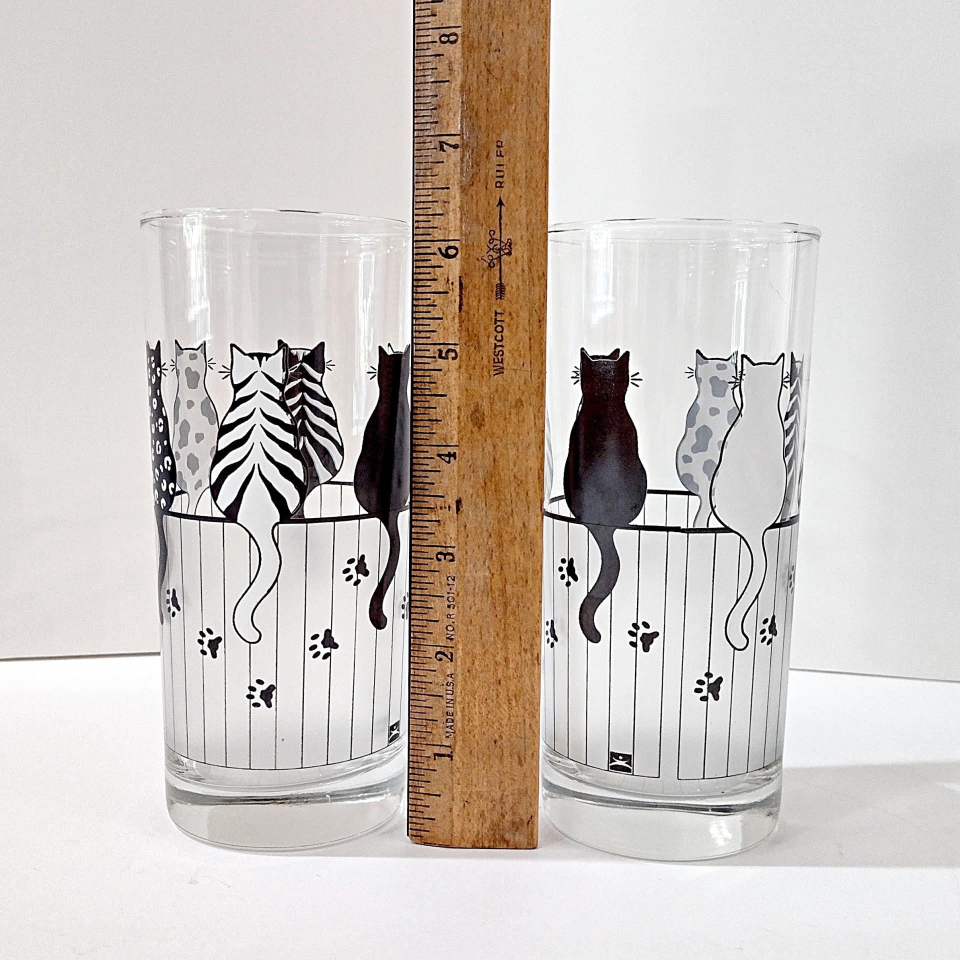 Vintage Black and White Cats on a Fence Highball Drinking Glasses, Set of 2, MCM Barware