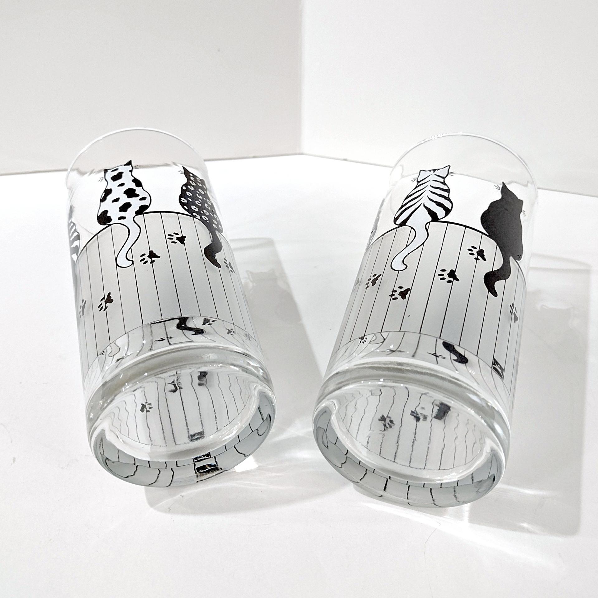 Vintage Black and White Cats on a Fence Highball Drinking Glasses, Set of 2, MCM Barware