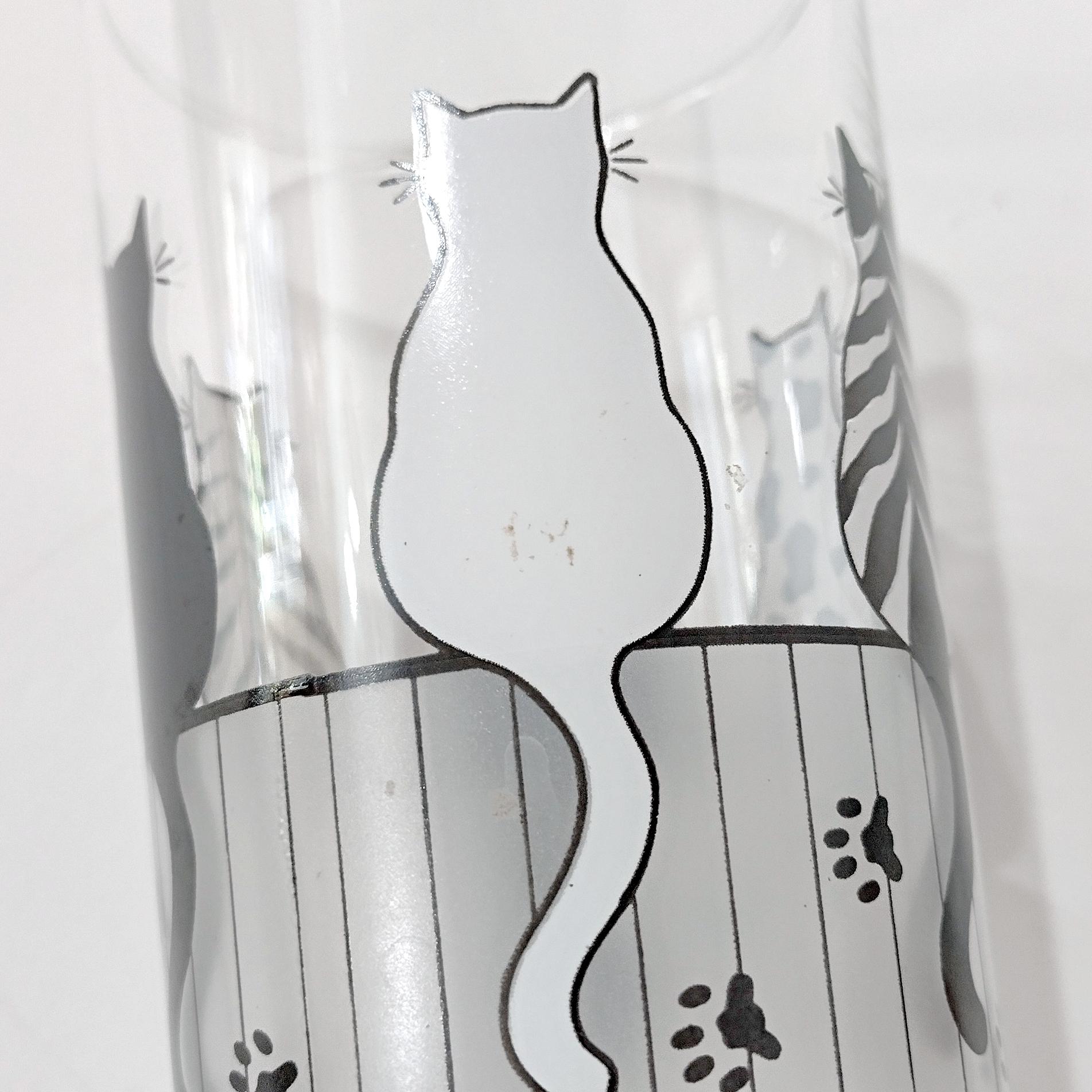 Vintage Black and White Cats on a Fence Highball Drinking Glasses, Set of 2, MCM Barware