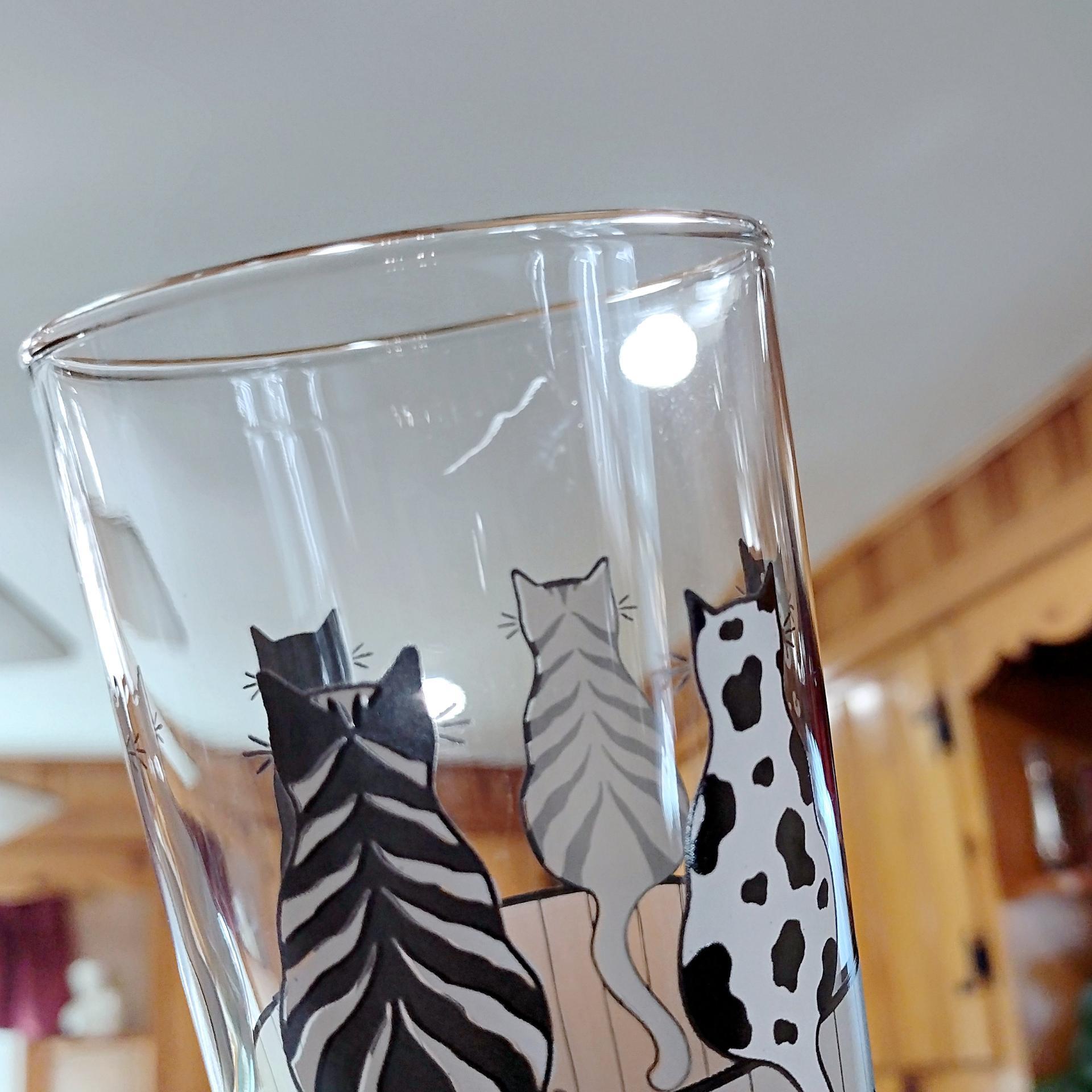 Vintage Black and White Cats on a Fence Highball Drinking Glasses, Set of 2, MCM Barware