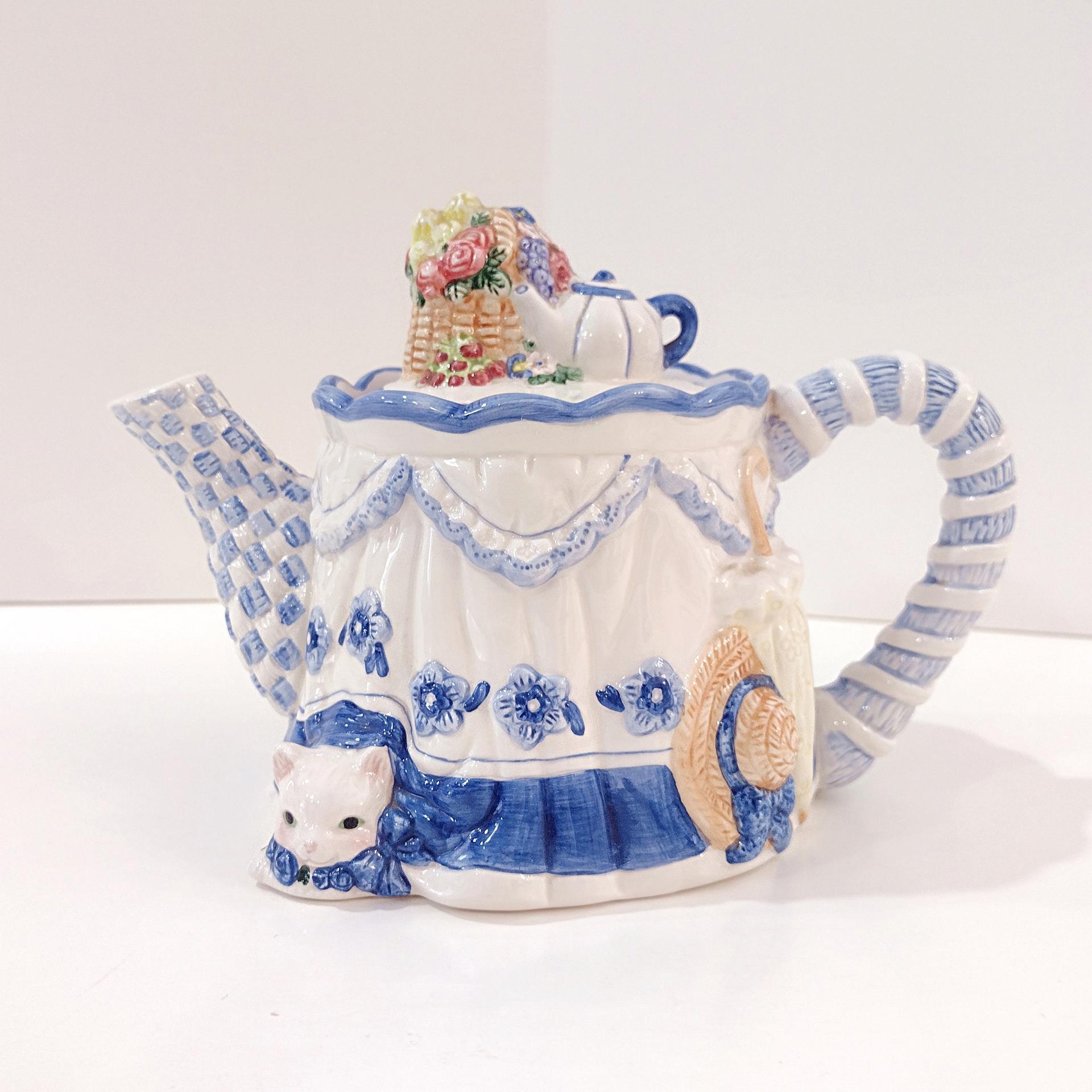 Vintage 1997 Avon Blue Rose Collection Kitty Cat Teapot, Cat Lover Gift
