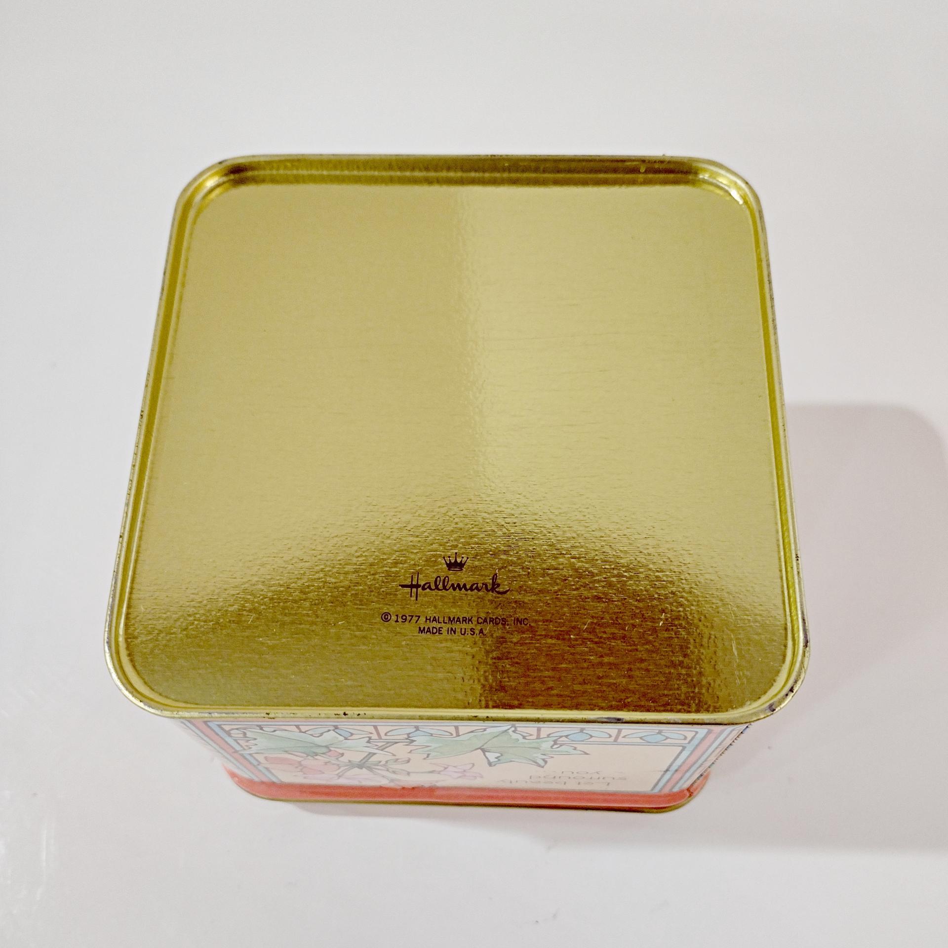 Vintage 1977 Hallmark Kitten Cat and Flowers Square Metal Storage Tin, Cat Treat Container